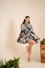 An Indigo Blue Floral Printed Short Shirt Dress