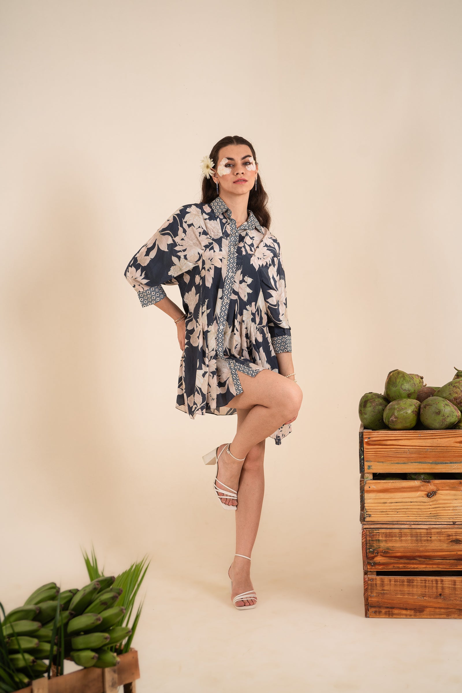 An Indigo Blue Floral Printed Short Shirt Dress