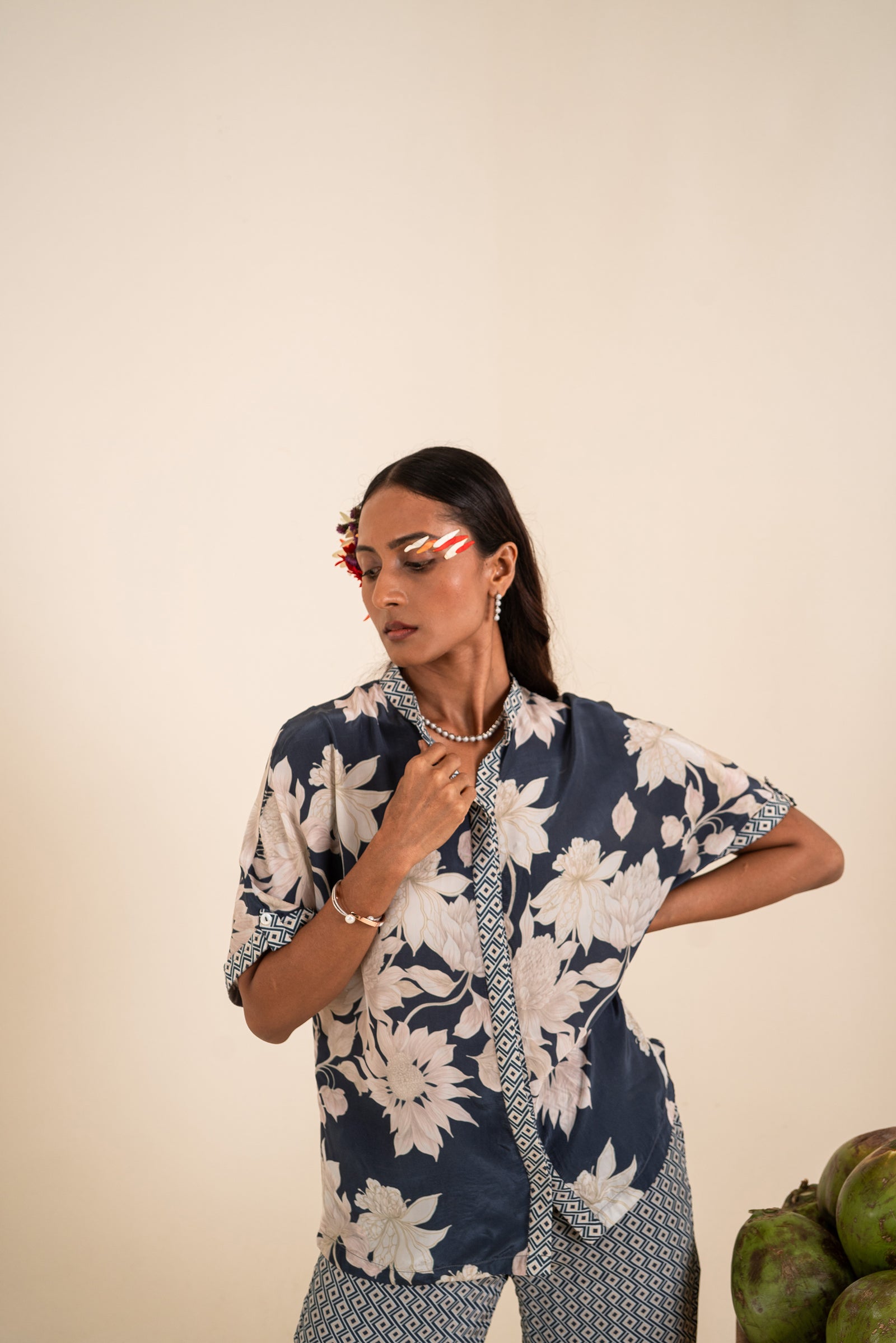 A Floral Printed Indigo Blue Co-Ord Set
