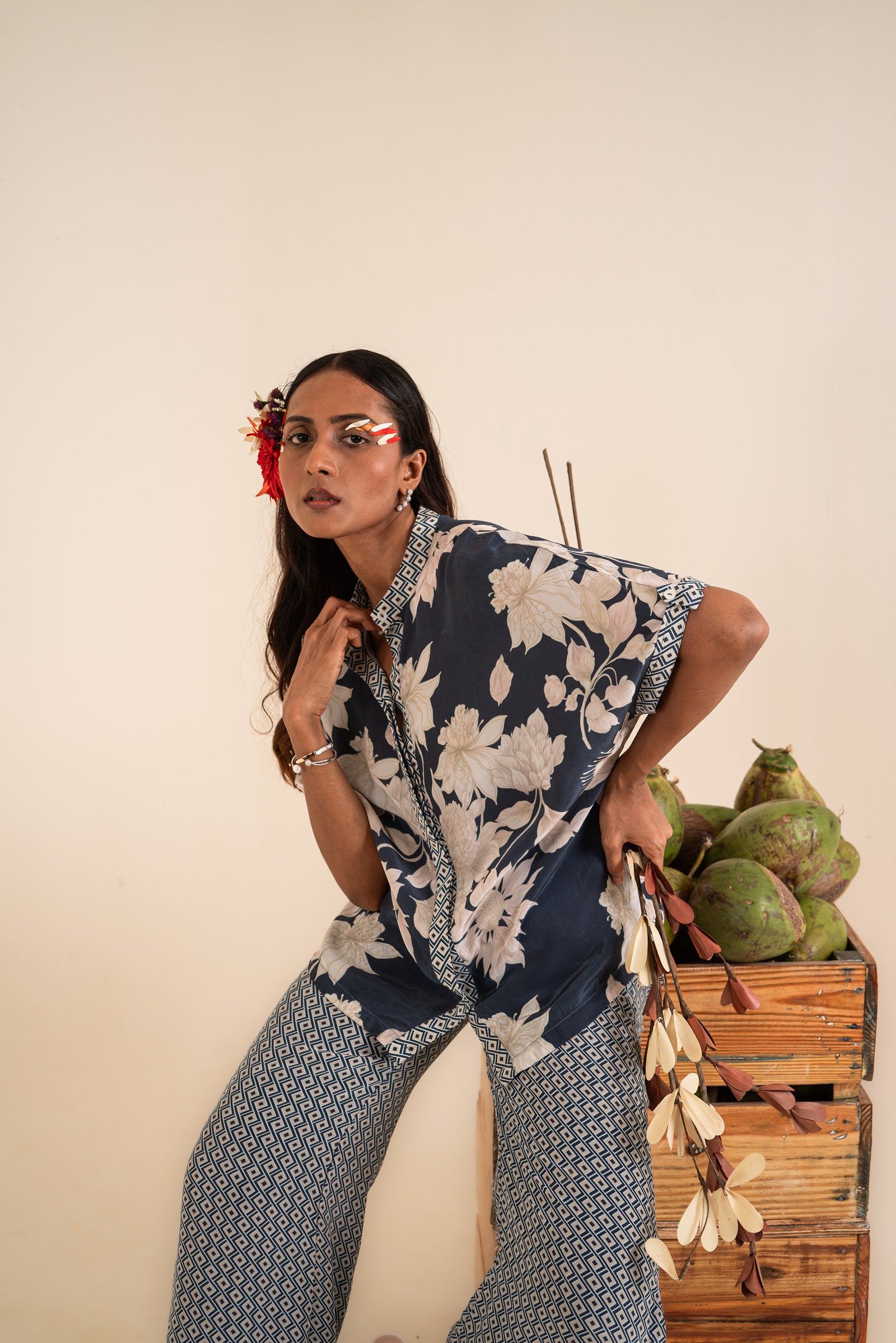 A Floral Printed Indigo Blue Co-Ord Set