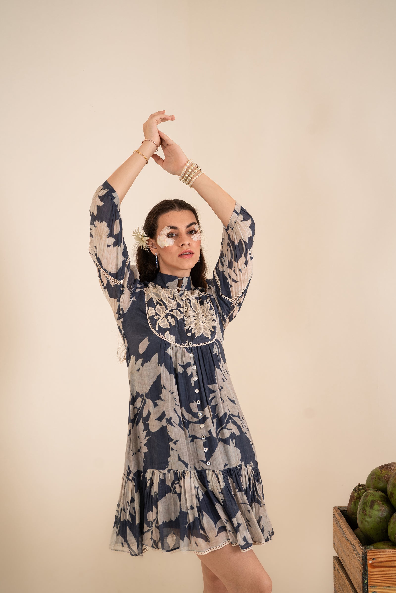 Indigo Blue Printed One-Piece With Aari Work