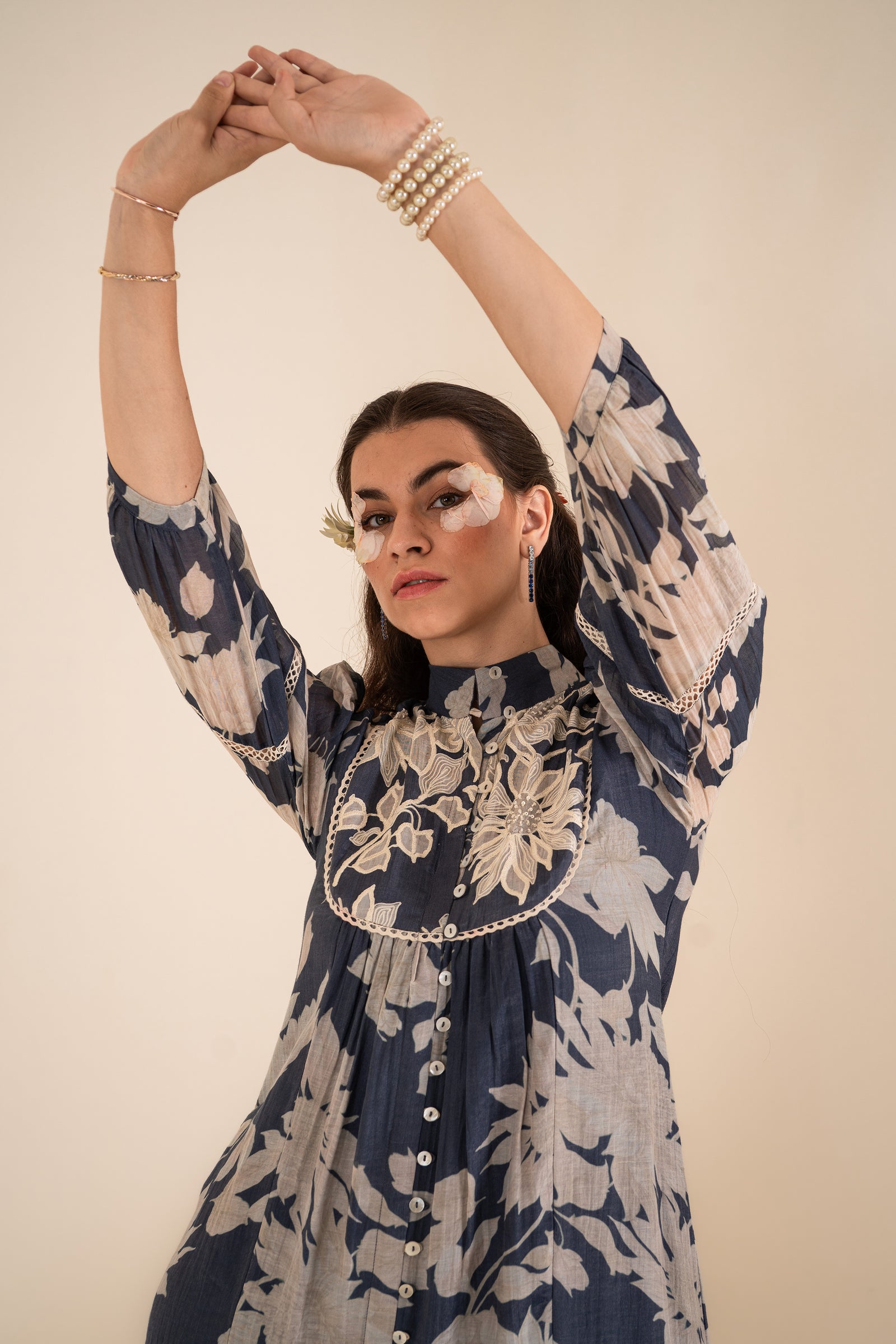Indigo Blue Printed One-Piece With Aari Work