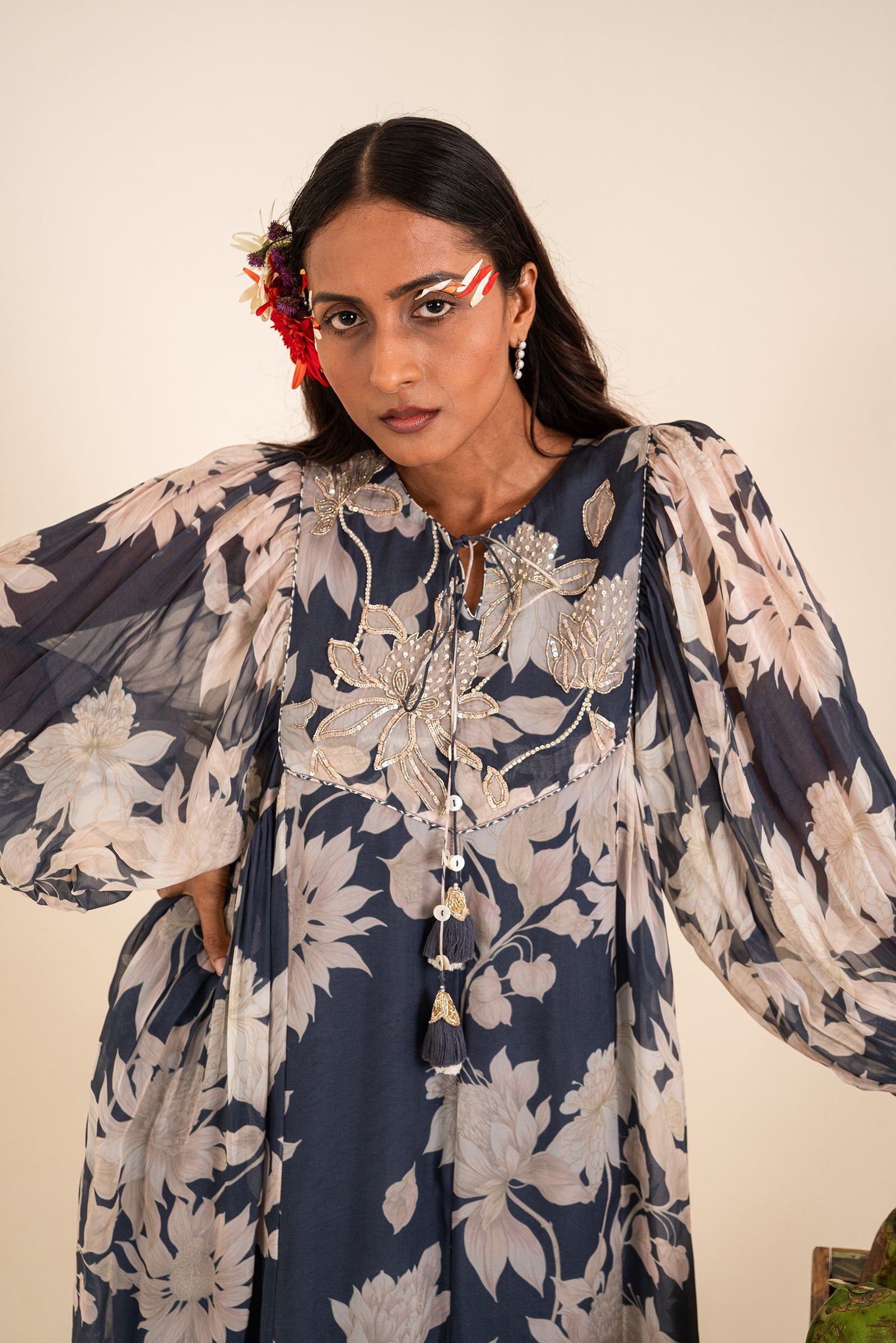 Indigo Blue Printed One Piece Embellished