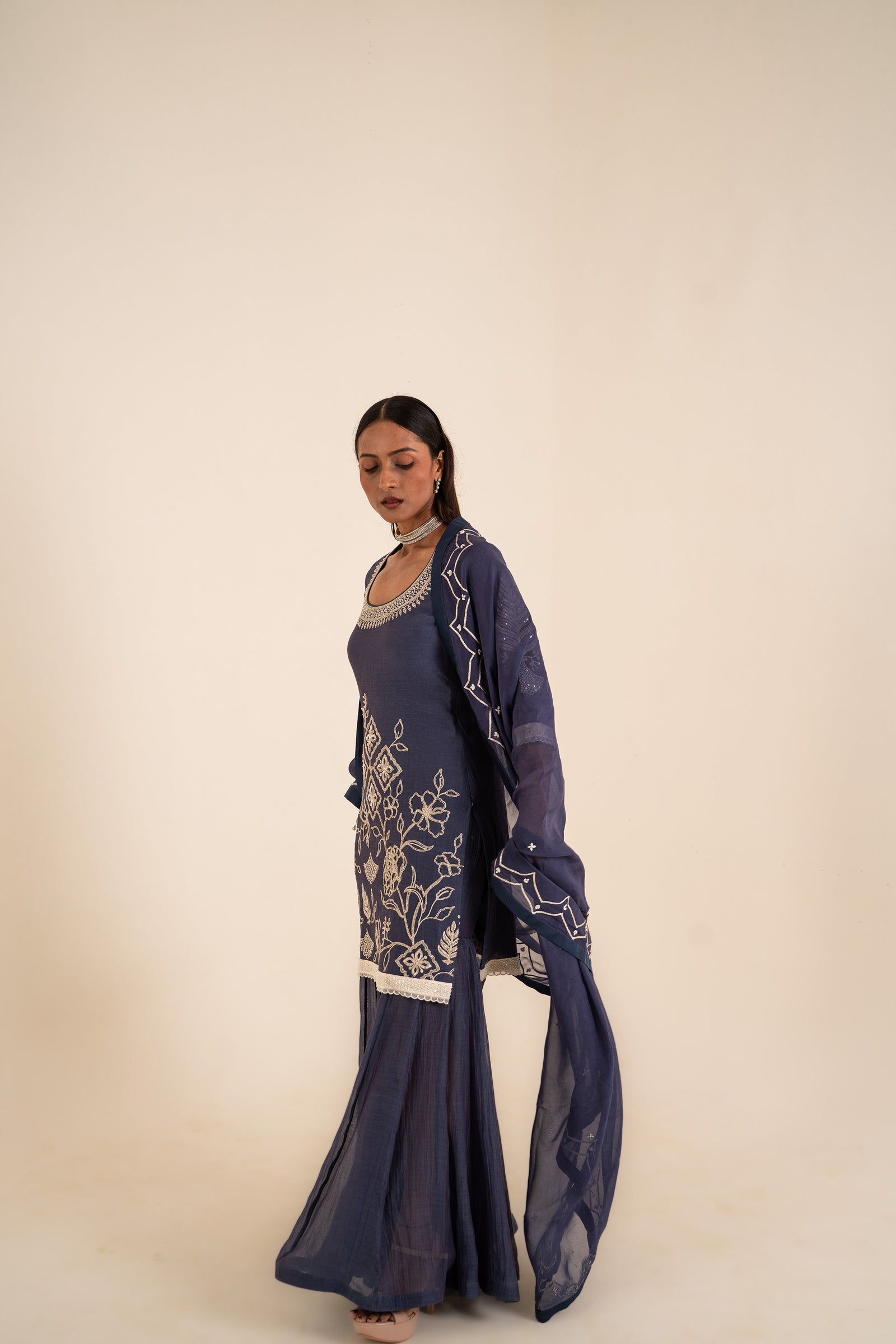 An Indigo Blue Sharara Set Embellished With Aari Work