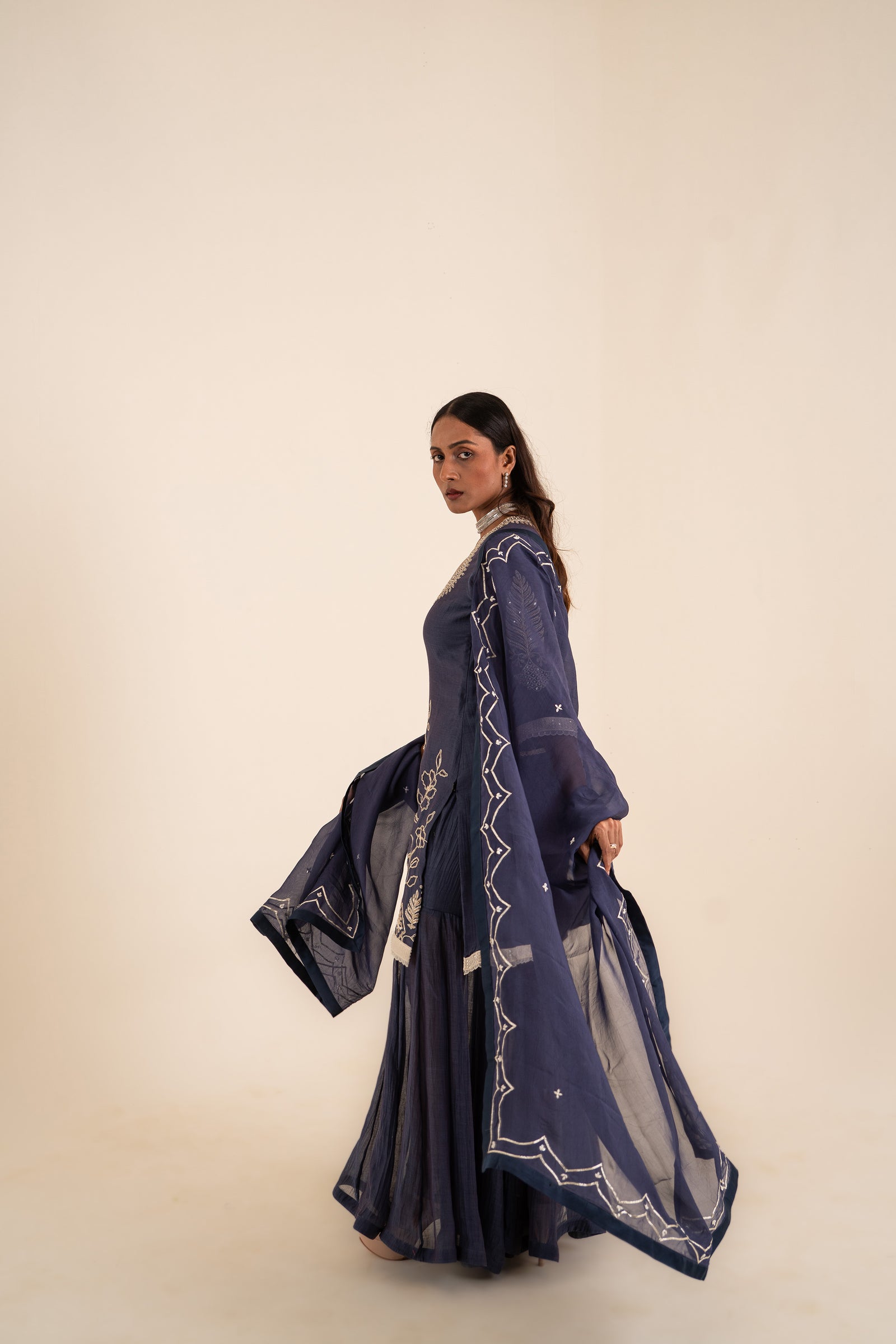 An Indigo Blue Sharara Set Embellished With Aari Work