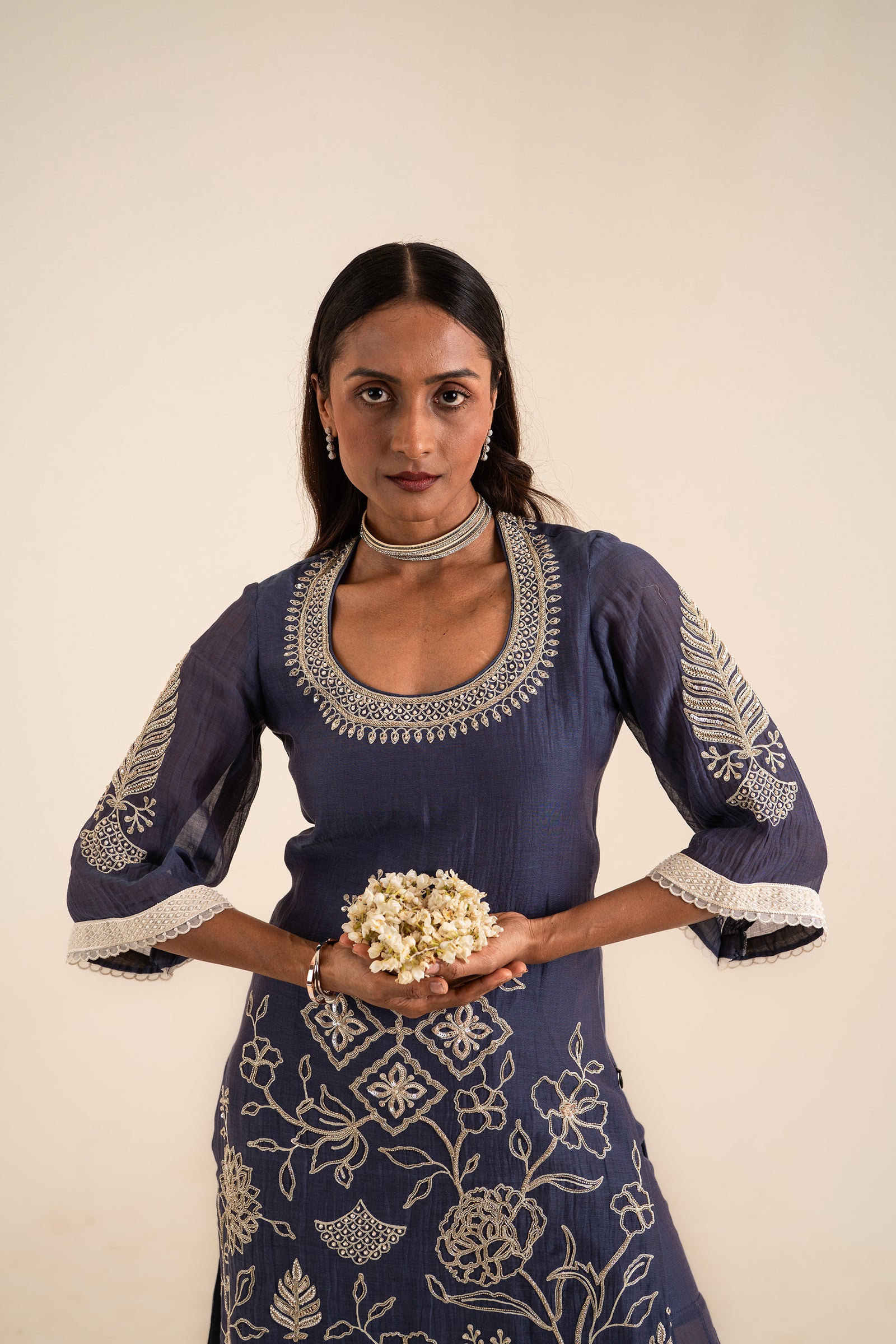 An Indigo Blue Sharara Set Embellished With Aari Work