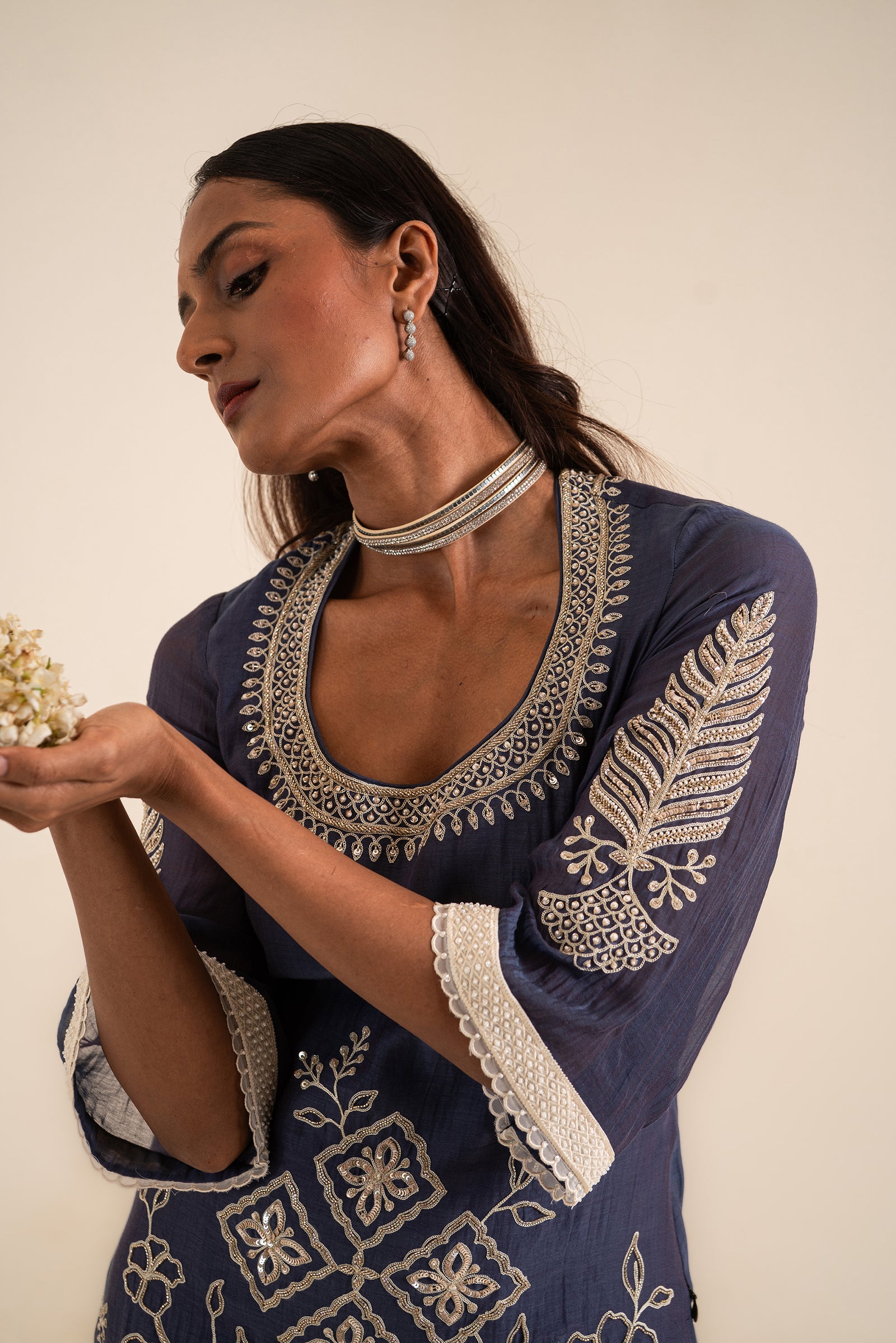 An Indigo Blue Sharara Set Embellished With Aari Work