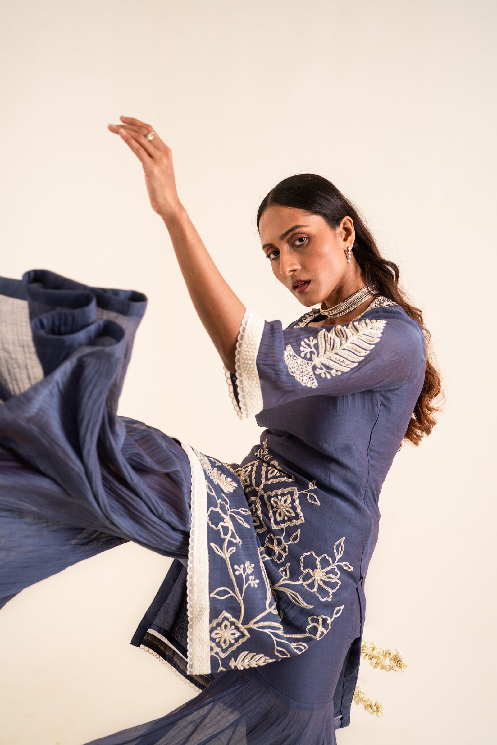 An Indigo Blue Sharara Set Embellished With Aari Work