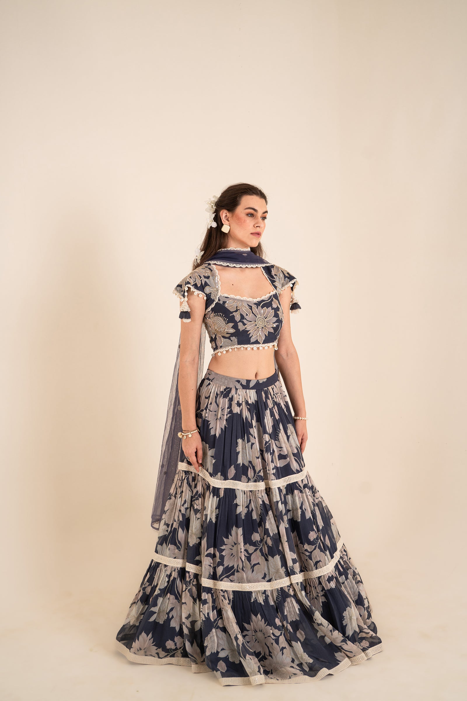 A Flowery Printed Layered Lehenga Set