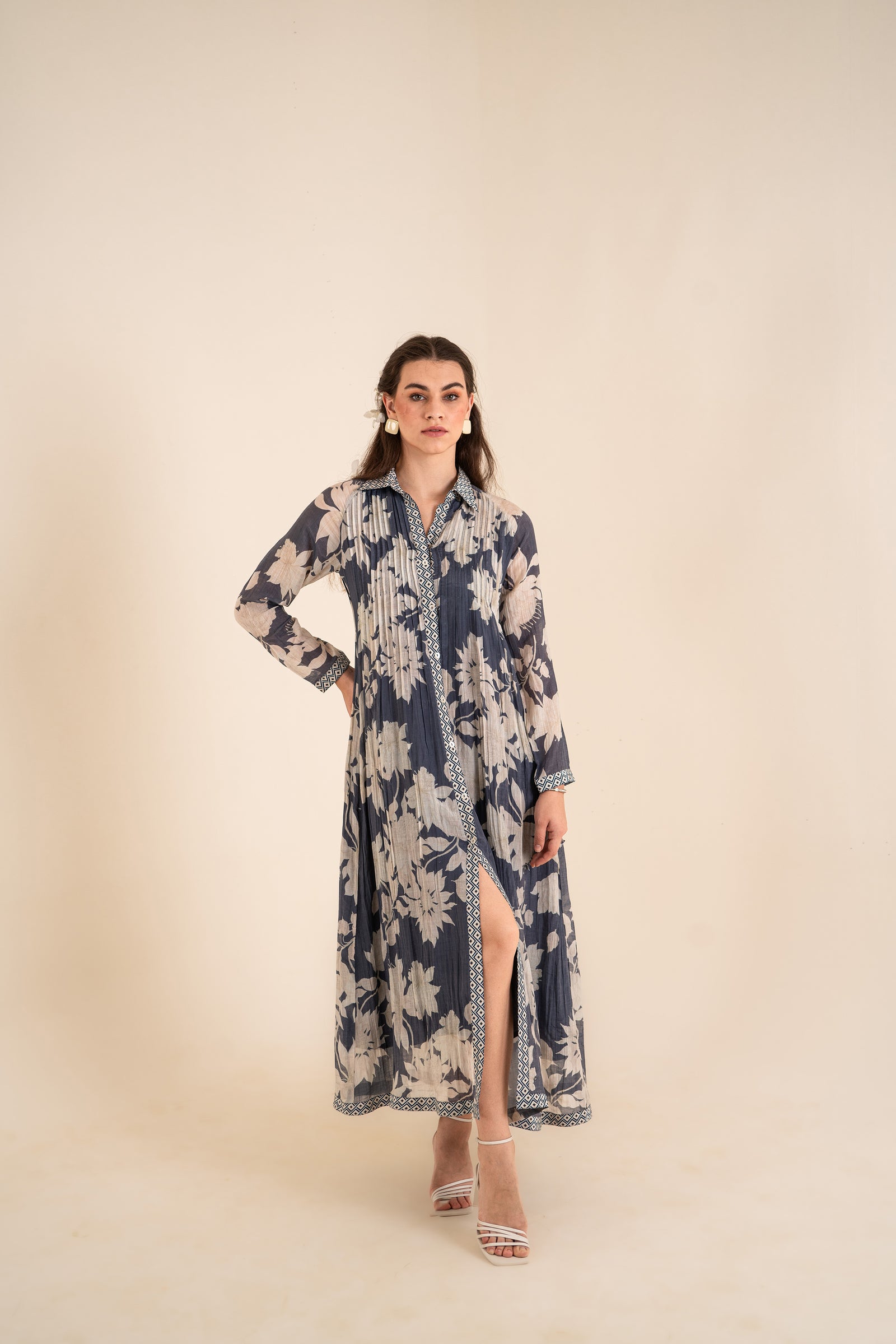 An Indigo Blue Floral Printed Pleted Shirt Dress