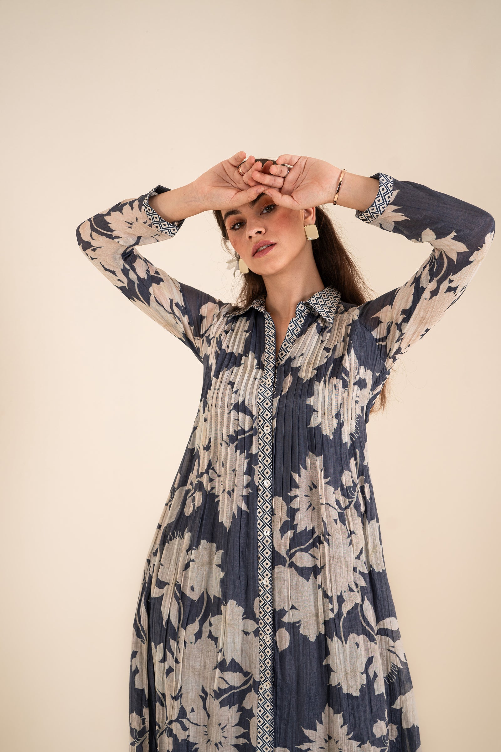 An Indigo Blue Floral Printed Pleted Shirt Dress