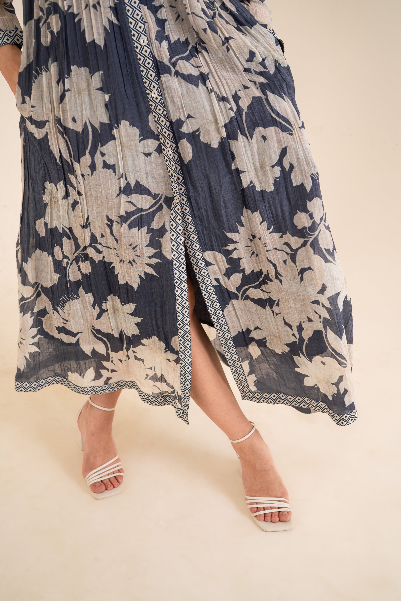An Indigo Blue Floral Printed Pleted Shirt Dress