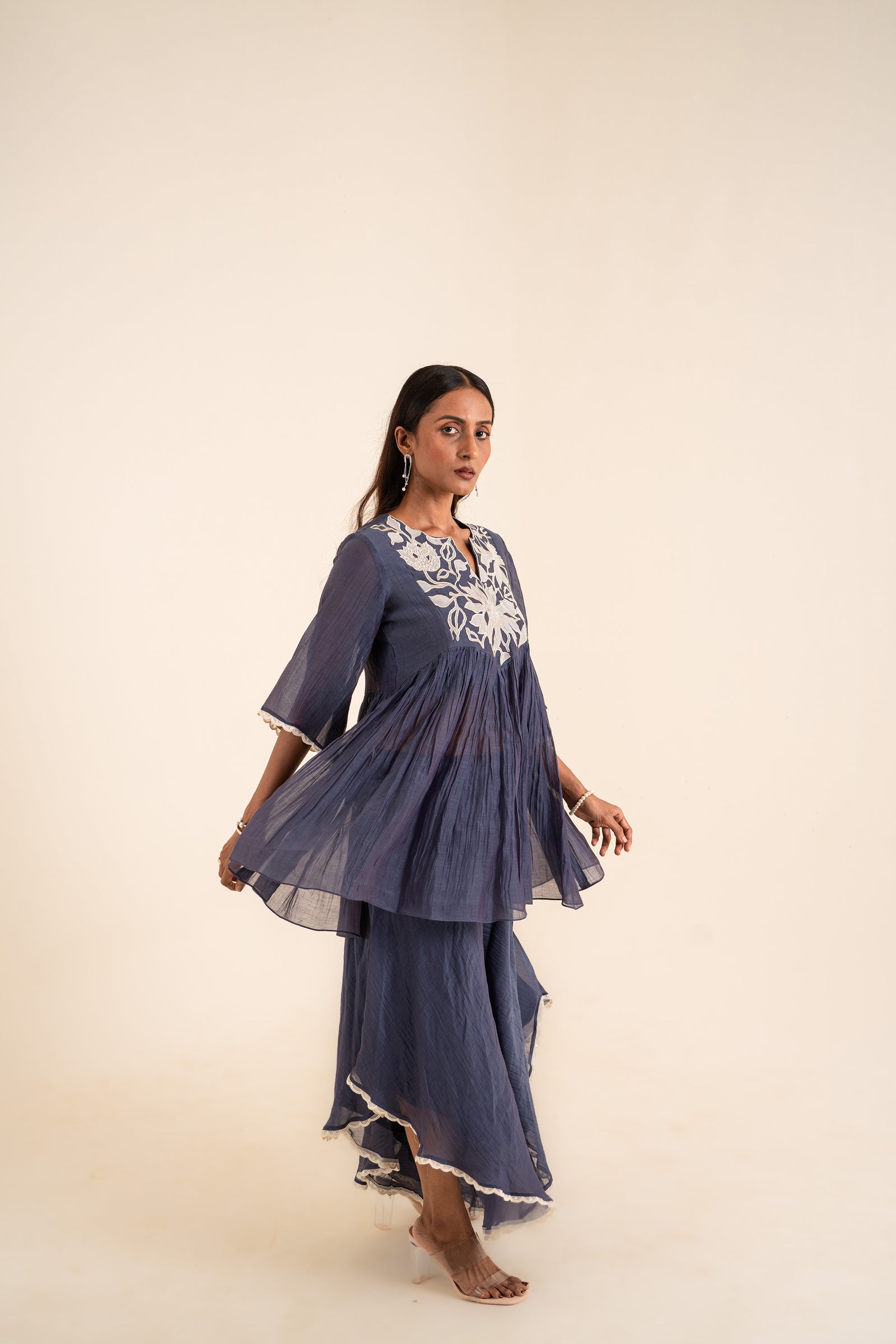 Indigo Blue Peplum Set With Patch Work