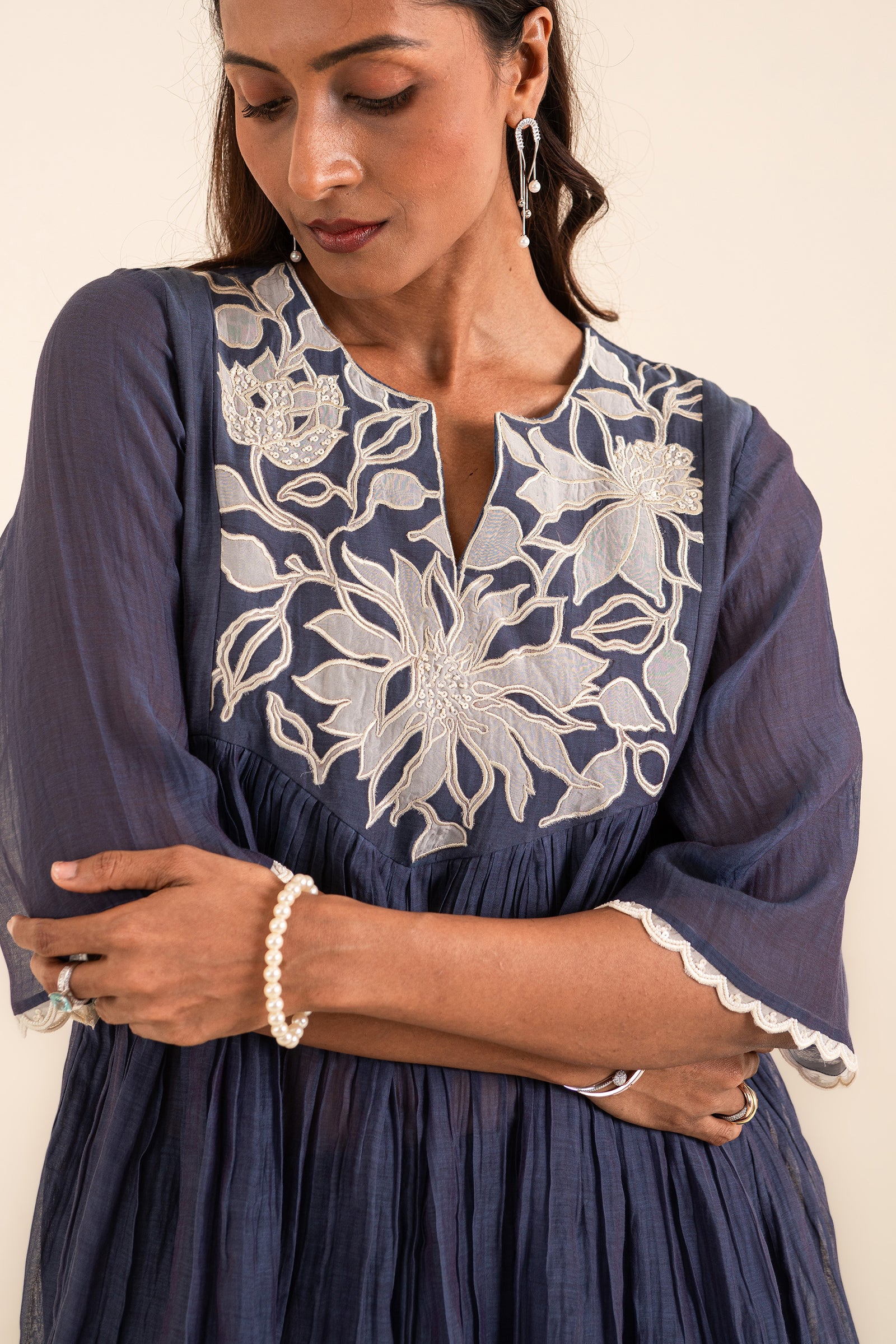 Indigo Blue Peplum Set With Patch Work