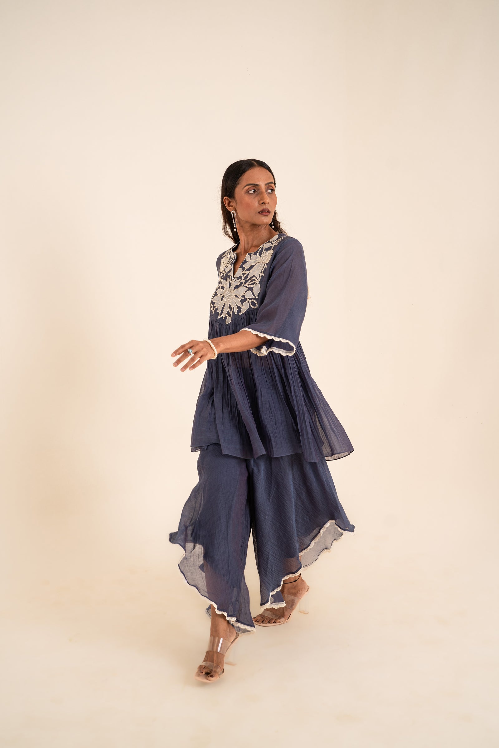 Indigo Blue Peplum Set With Patch Work