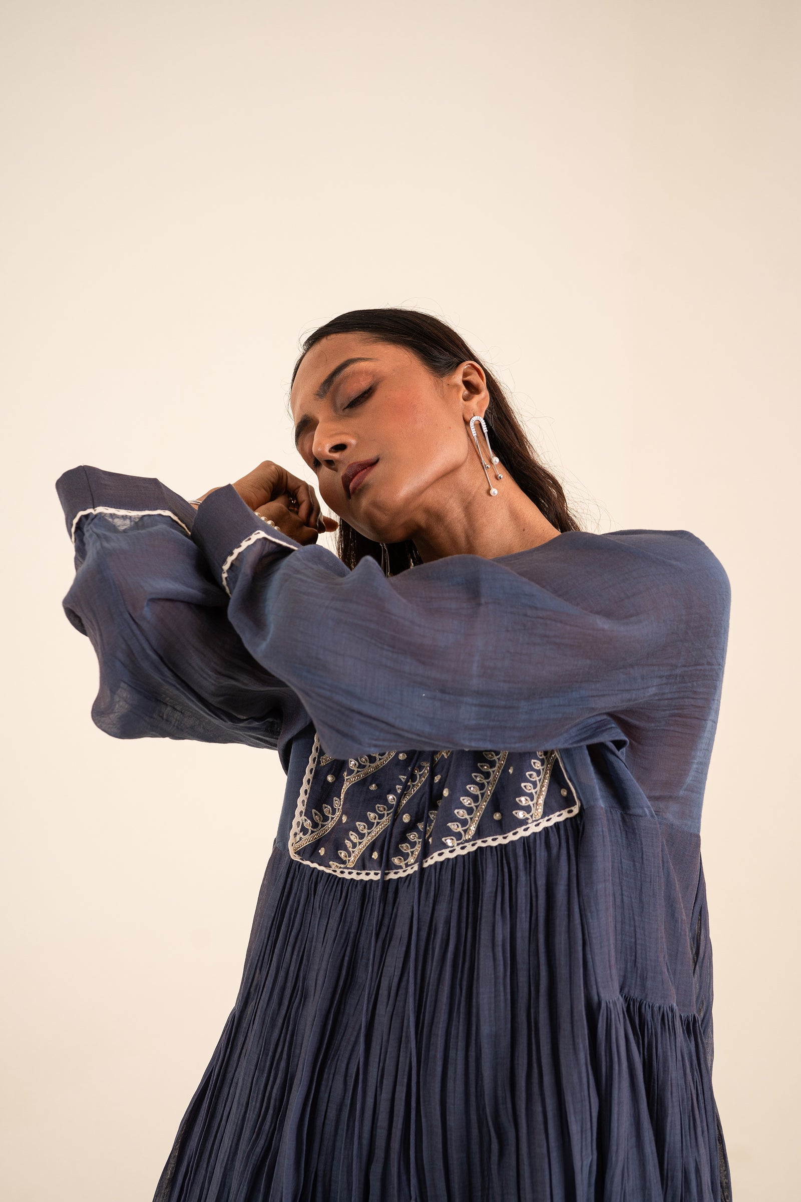 A Kurta Set In Indigo Blue With Aari Work