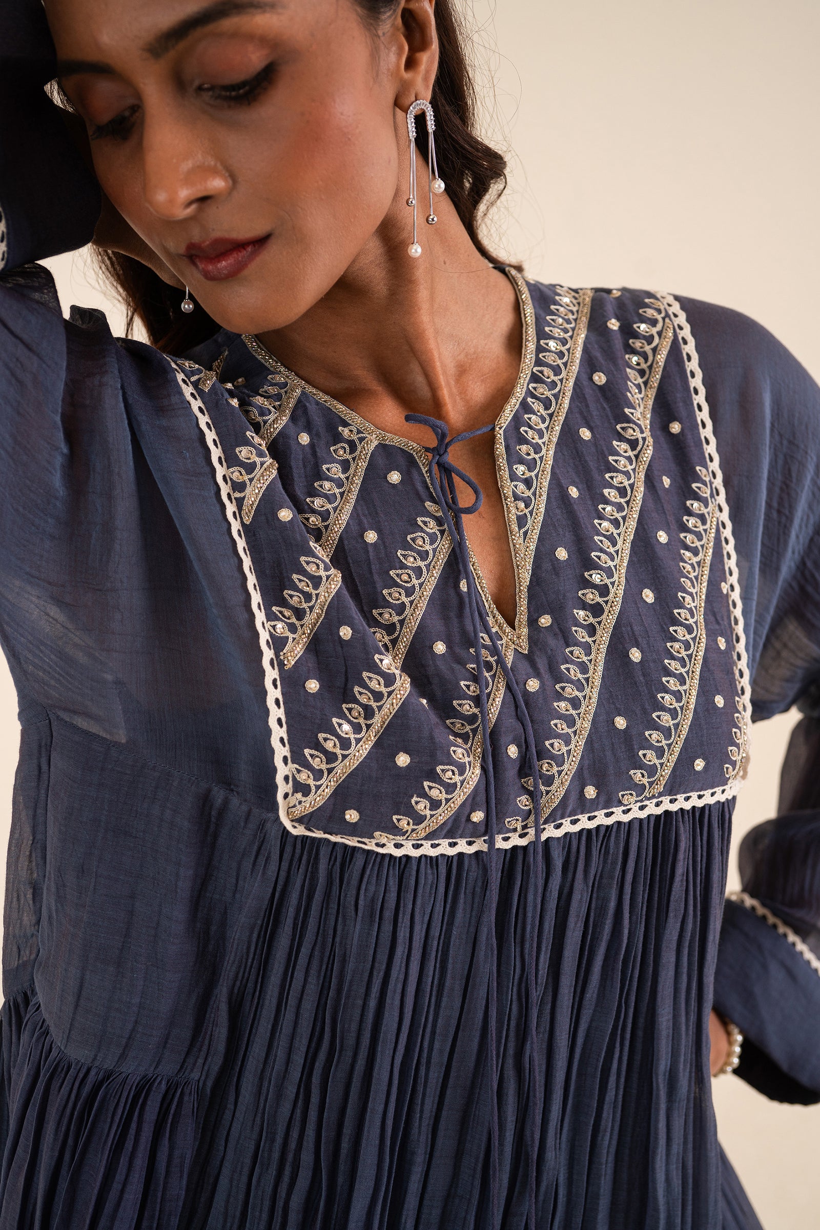 A Kurta Set In Indigo Blue With Aari Work