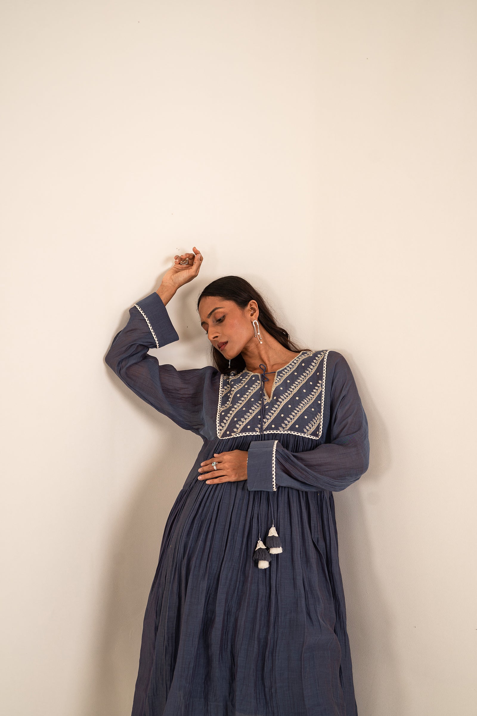 A Kurta Set In Indigo Blue With Aari Work