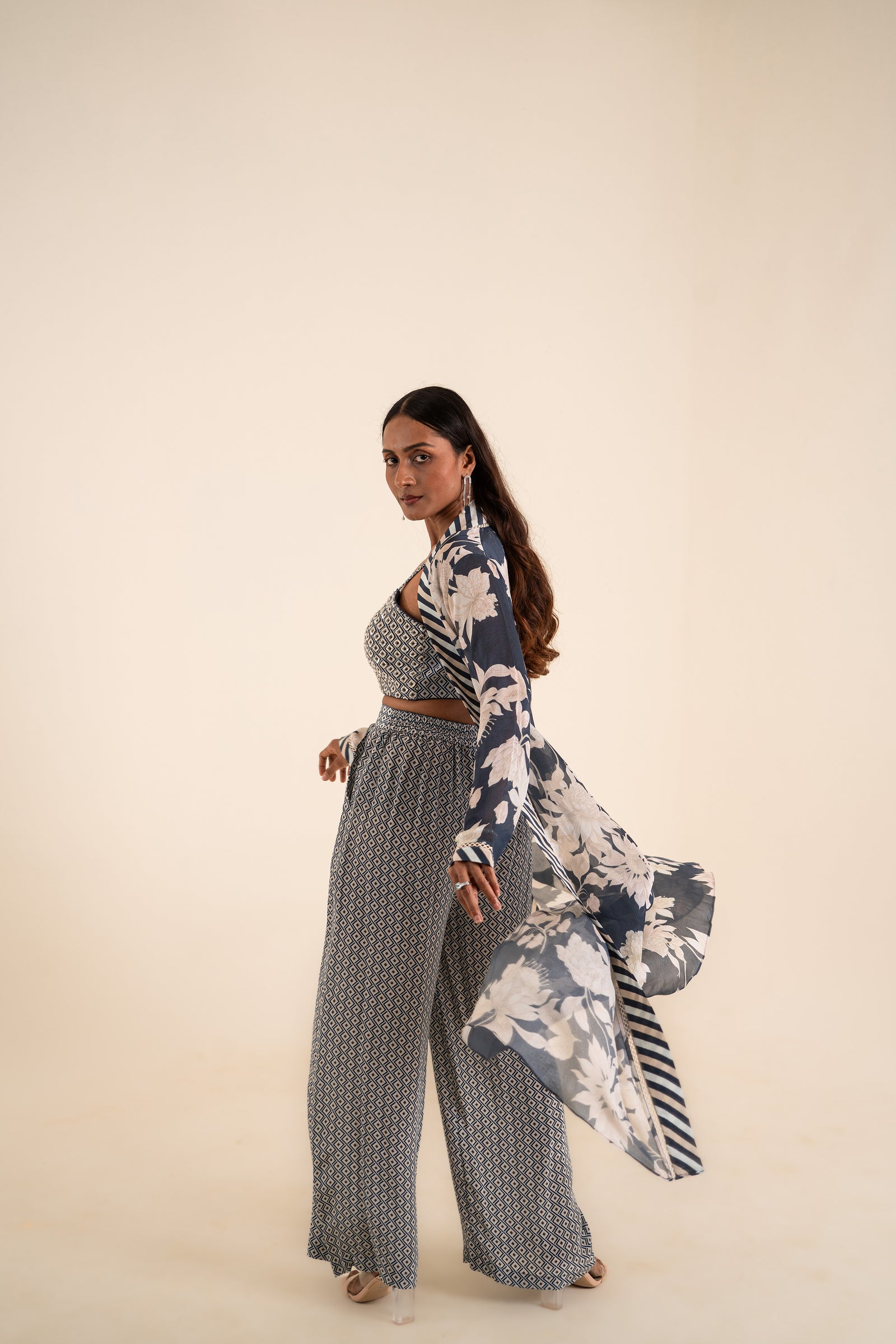 An Indigo Blue Floral Print Jacket Set