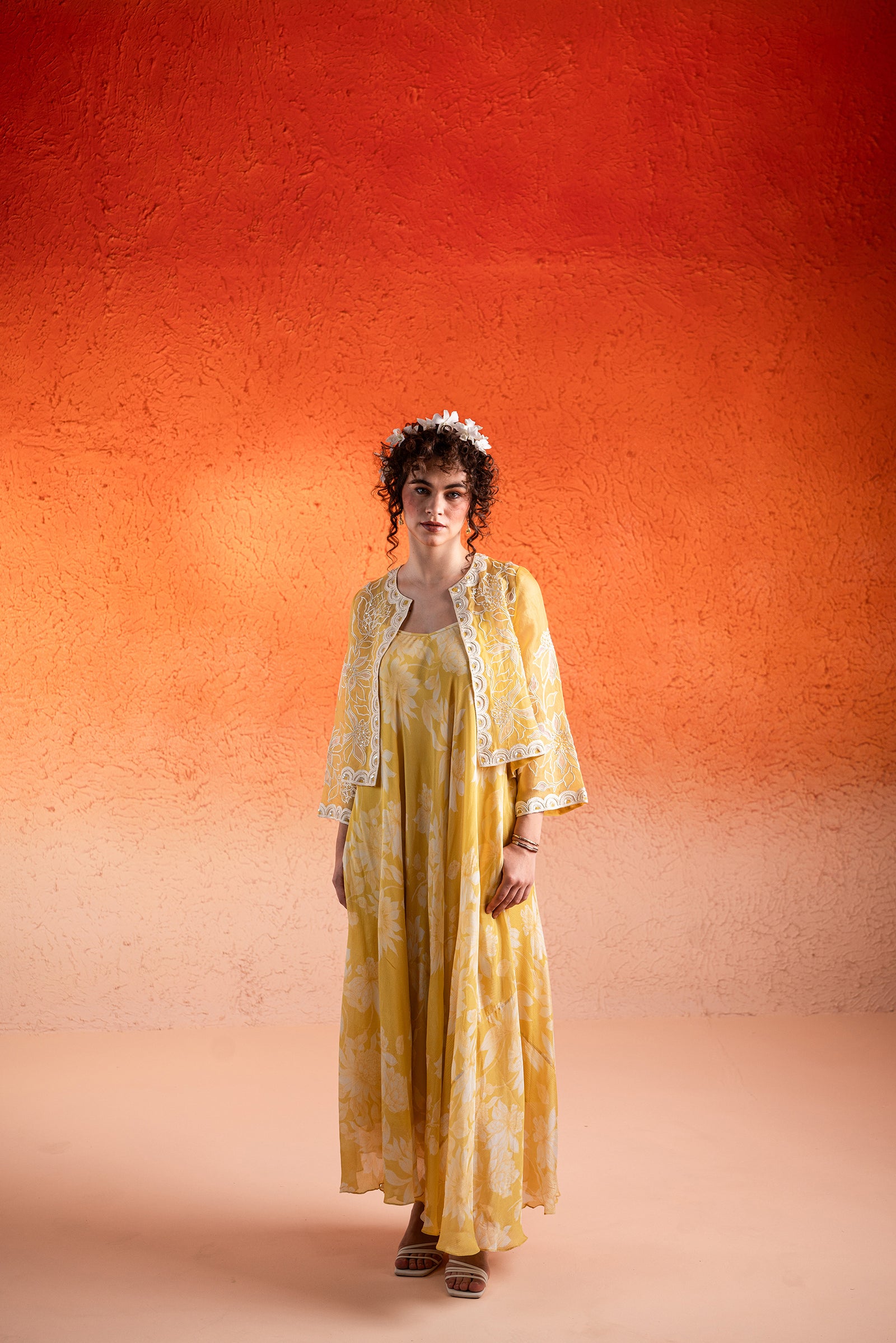 A Floral Printed A-Line Maxi Dress Paired With Handcrafted Jacket