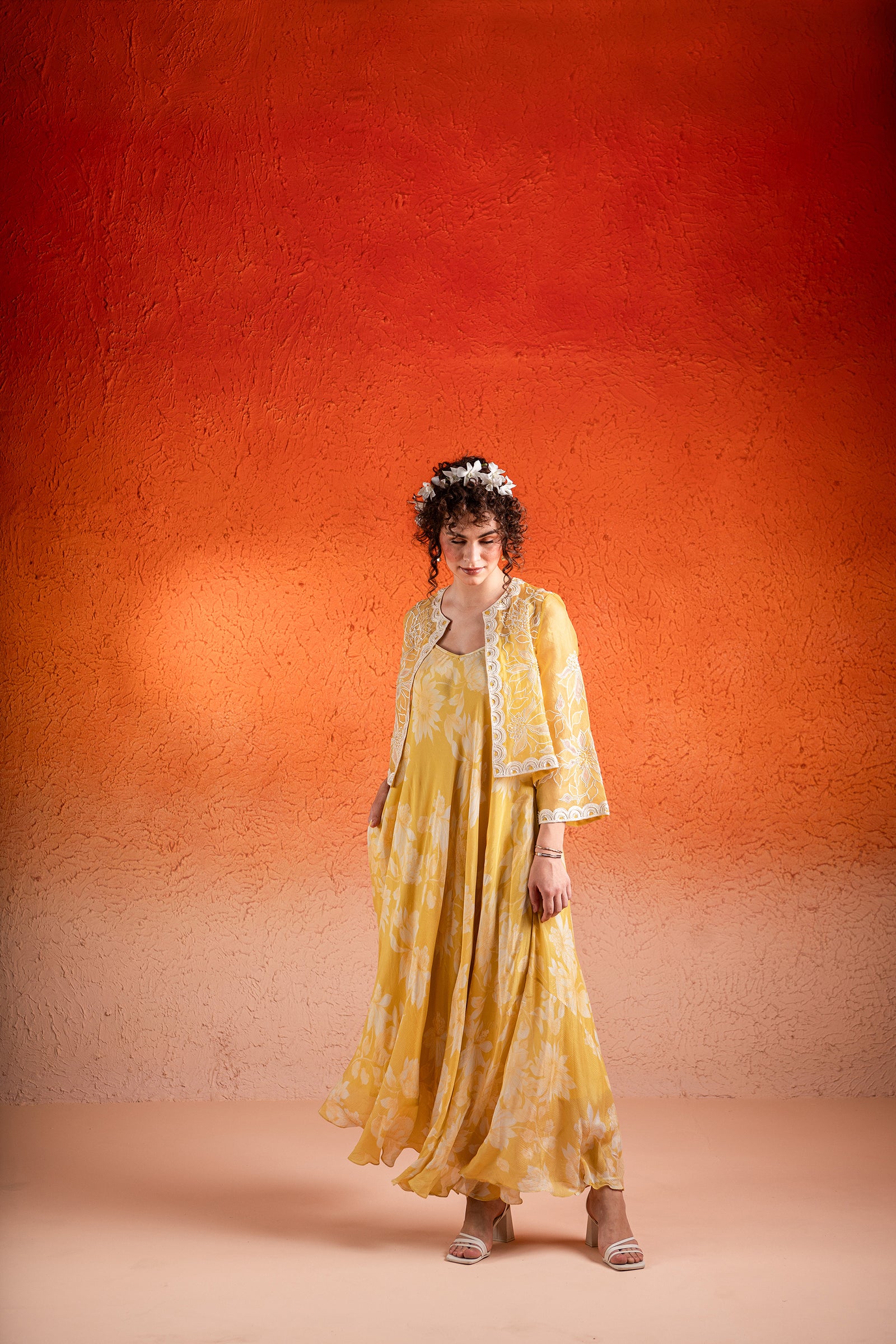 A Floral Printed A-Line Maxi Dress Paired With Handcrafted Jacket