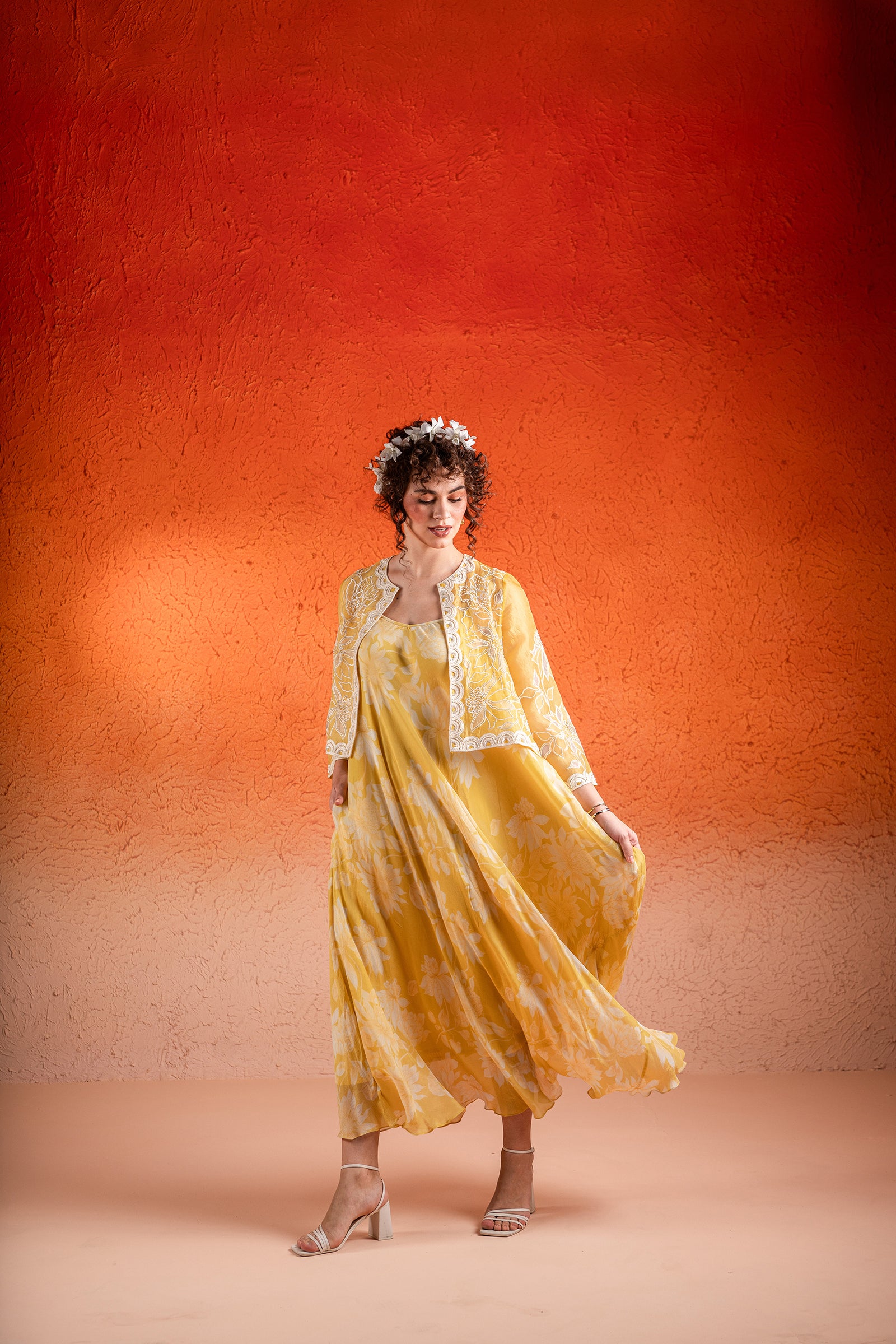 A Floral Printed A-Line Maxi Dress Paired With Handcrafted Jacket