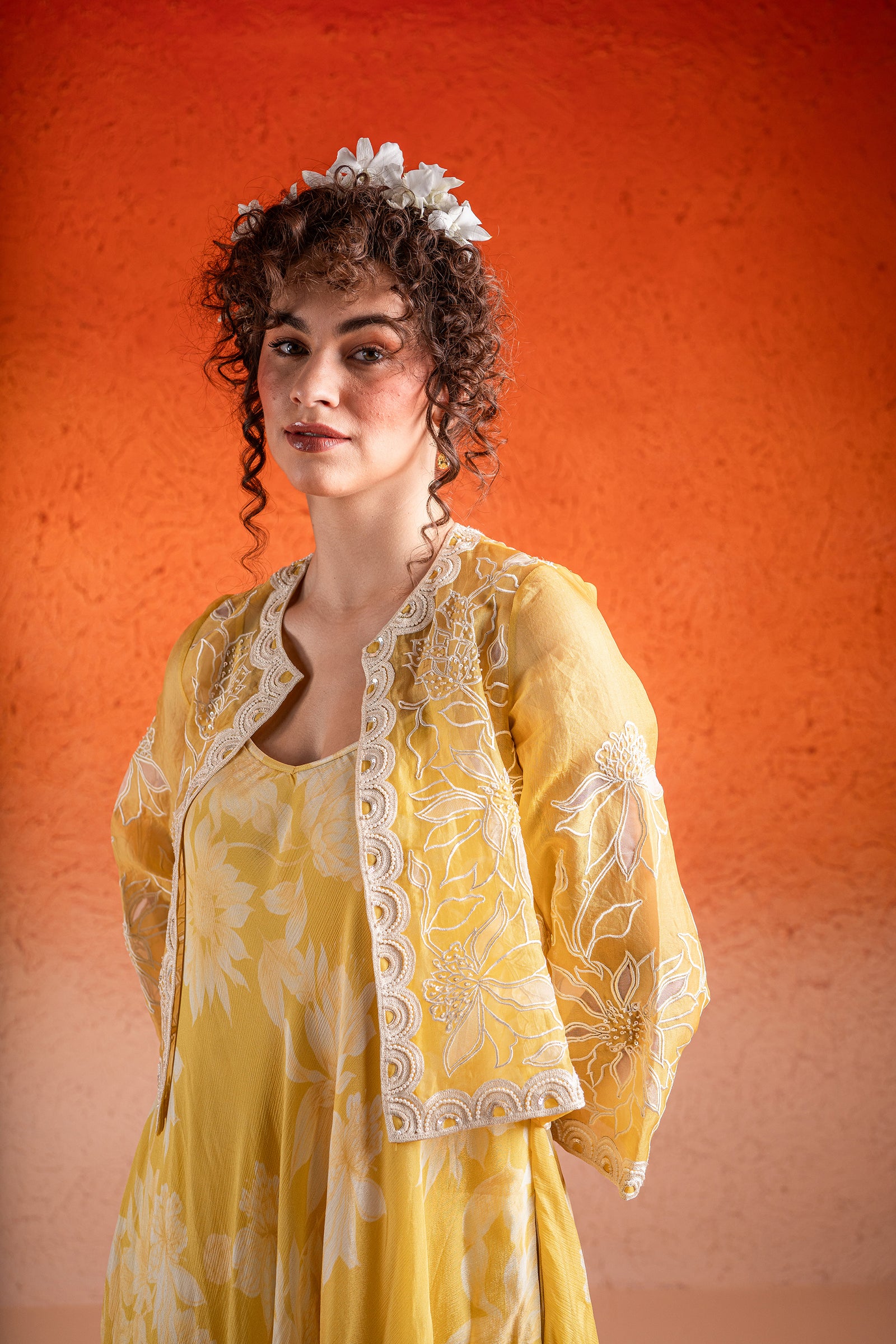 A Floral Printed A-Line Maxi Dress Paired With Handcrafted Jacket