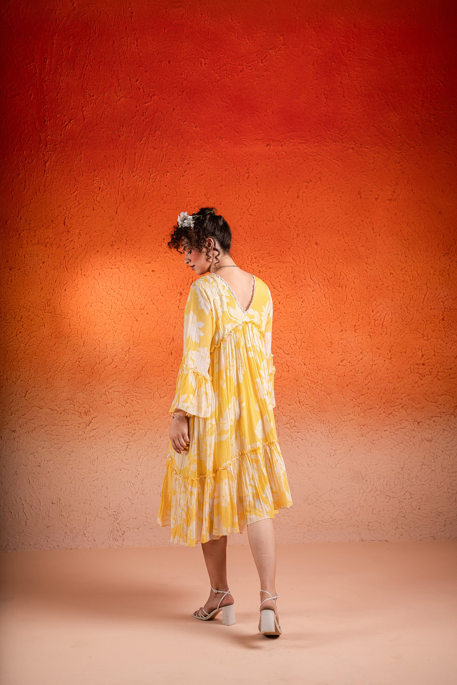 A Corn Yellow Floral Printed Deep V Neck Dress