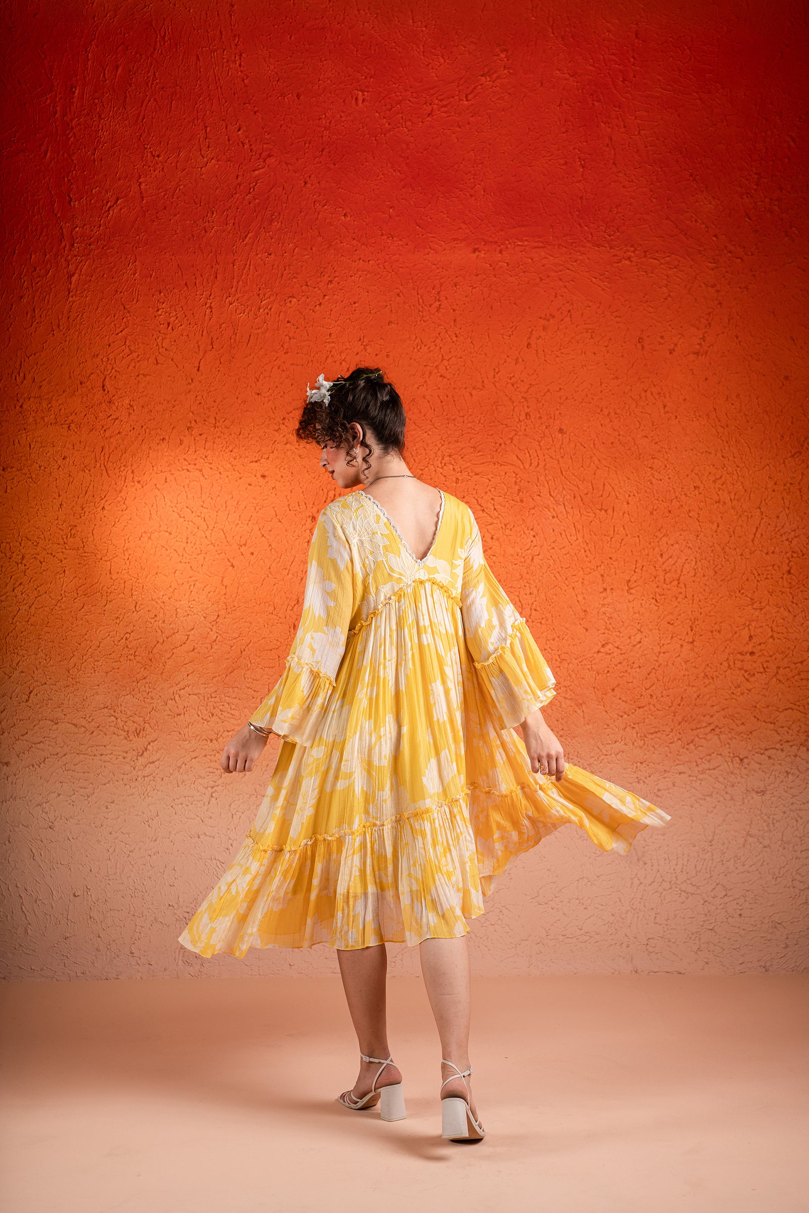 A Corn Yellow Floral Printed Deep V Neck Dress
