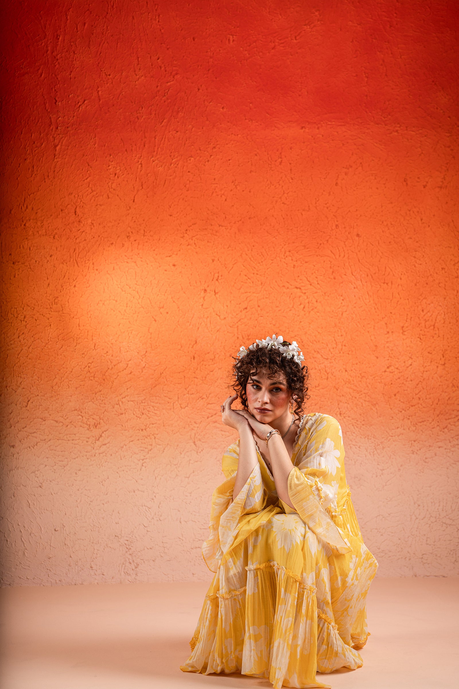 A Corn Yellow Floral Printed Deep V Neck Dress