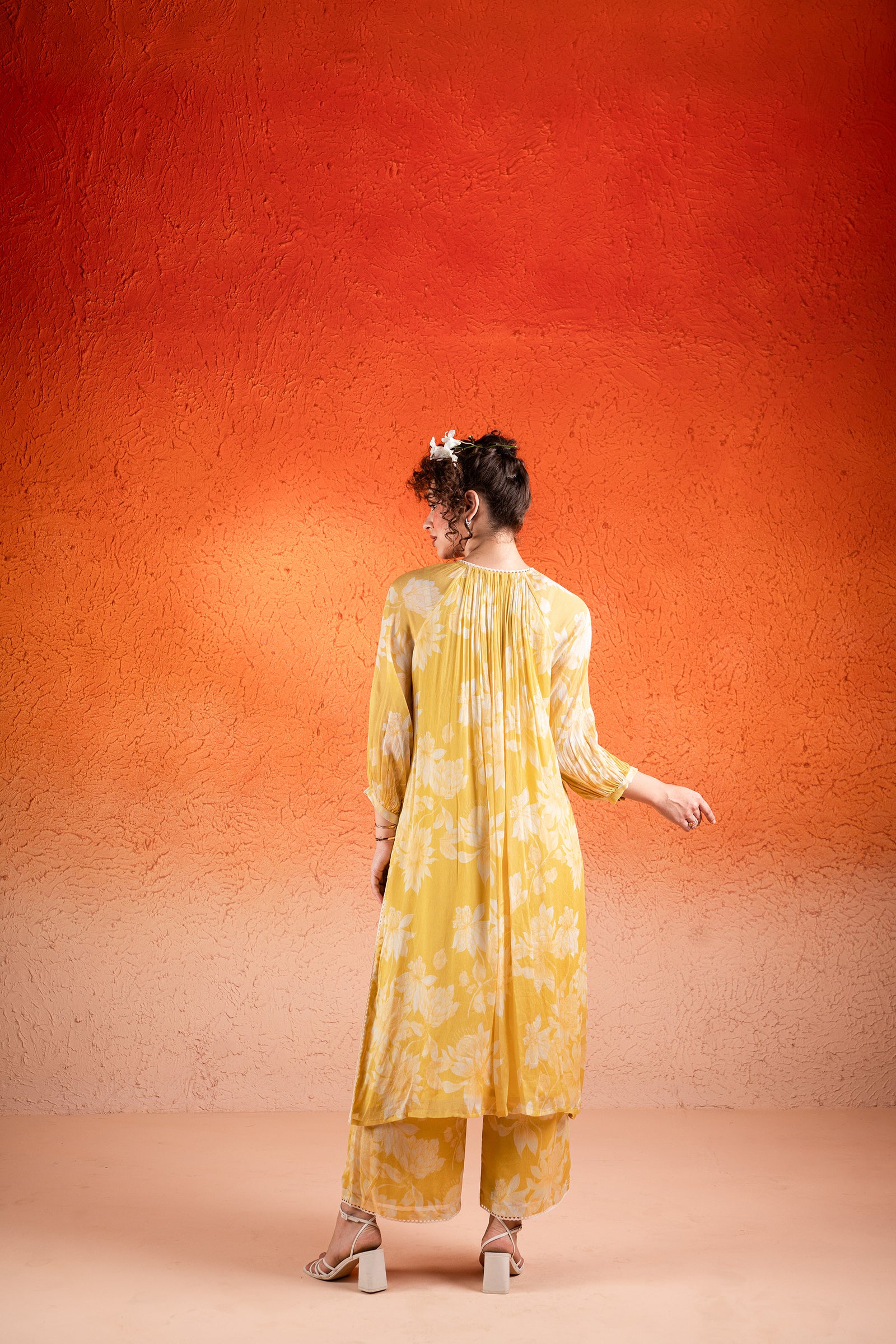 A Corn Yellow Printed Chiffon Kurta Set