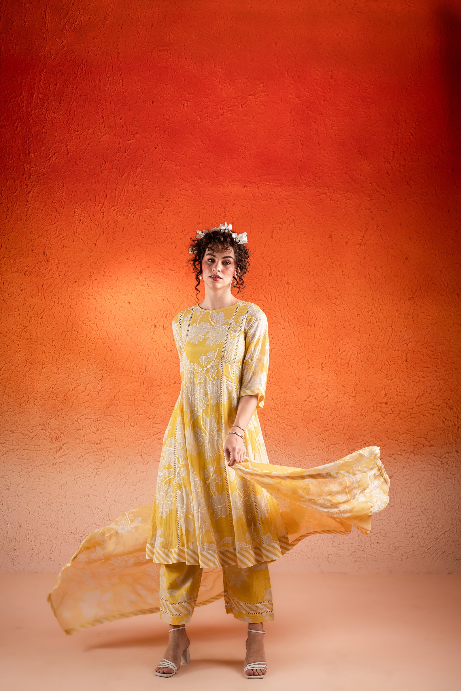 A Corn Yellow Floral Printed Paneled Kurta Set