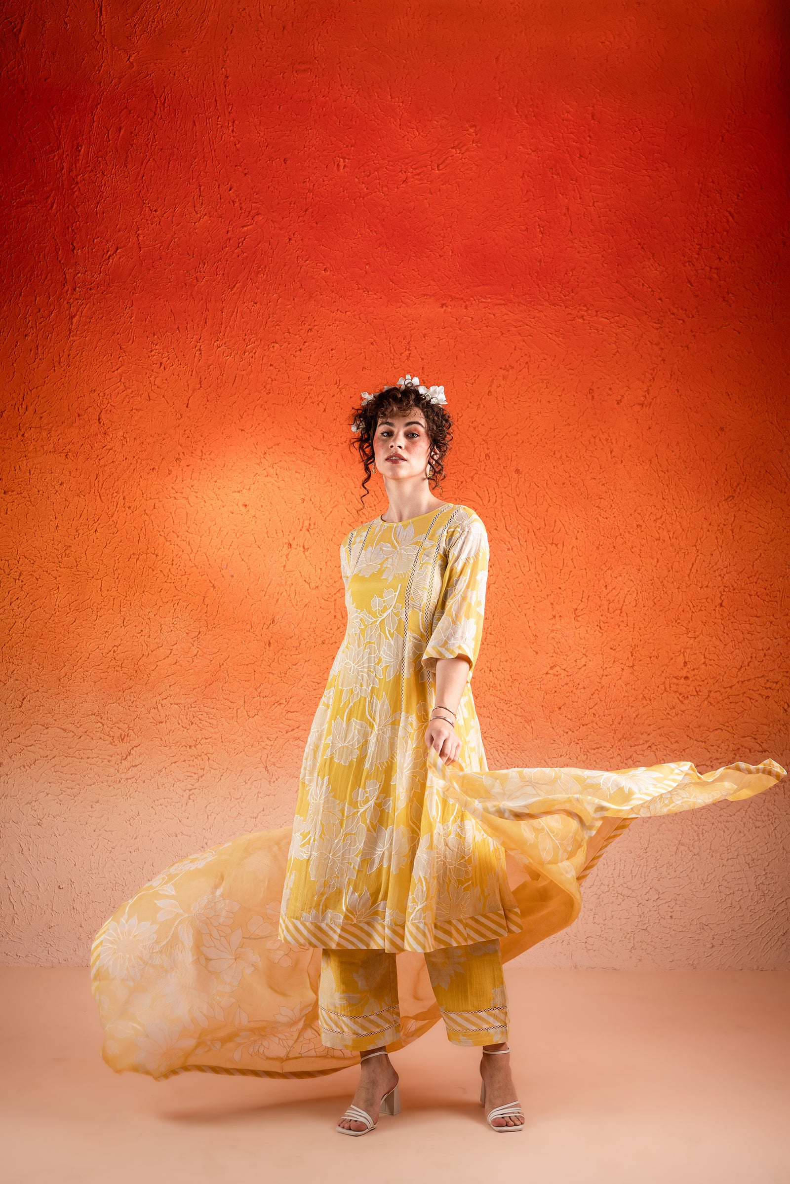 A Corn Yellow Floral Printed Paneled Kurta Set
