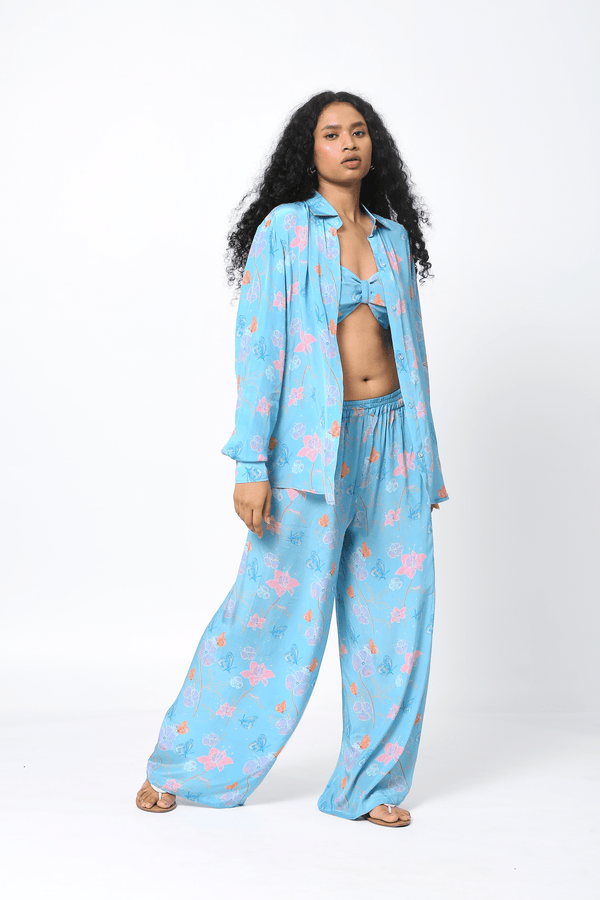 Blue Crepe Bralette With Oversized Shirt & Pants