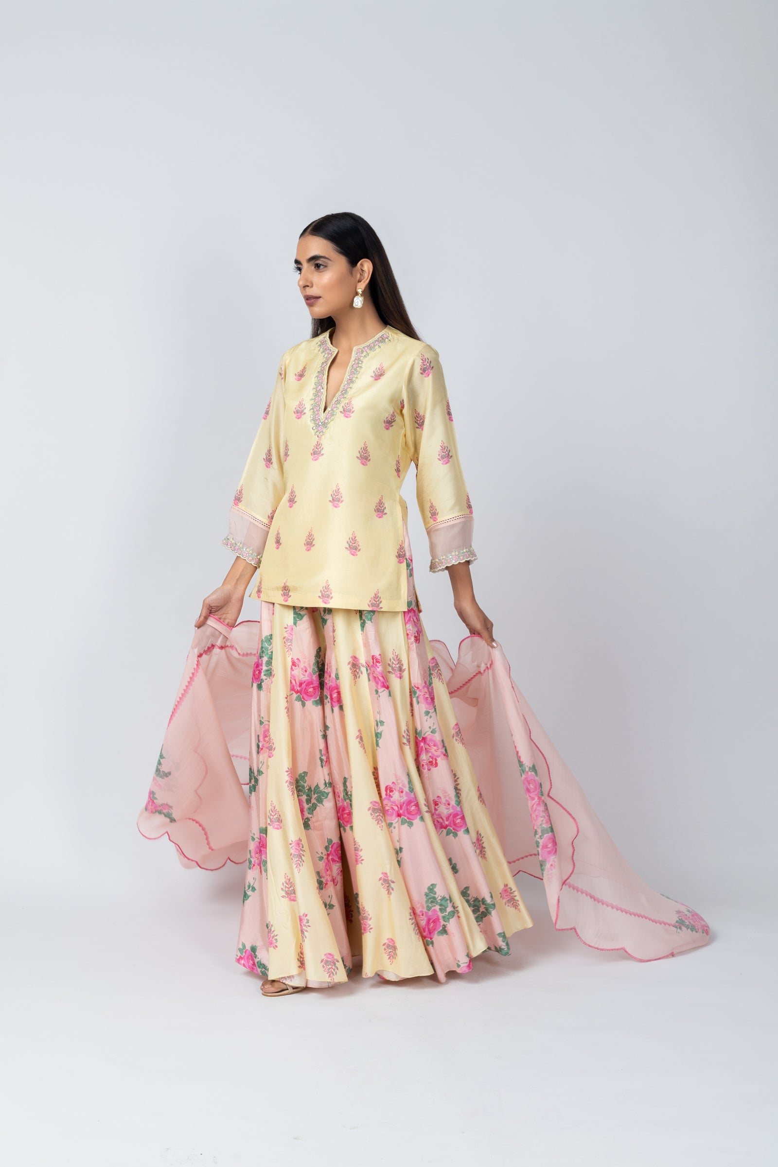 Embroidered Sleeves Silk Shabana Set with Sharara