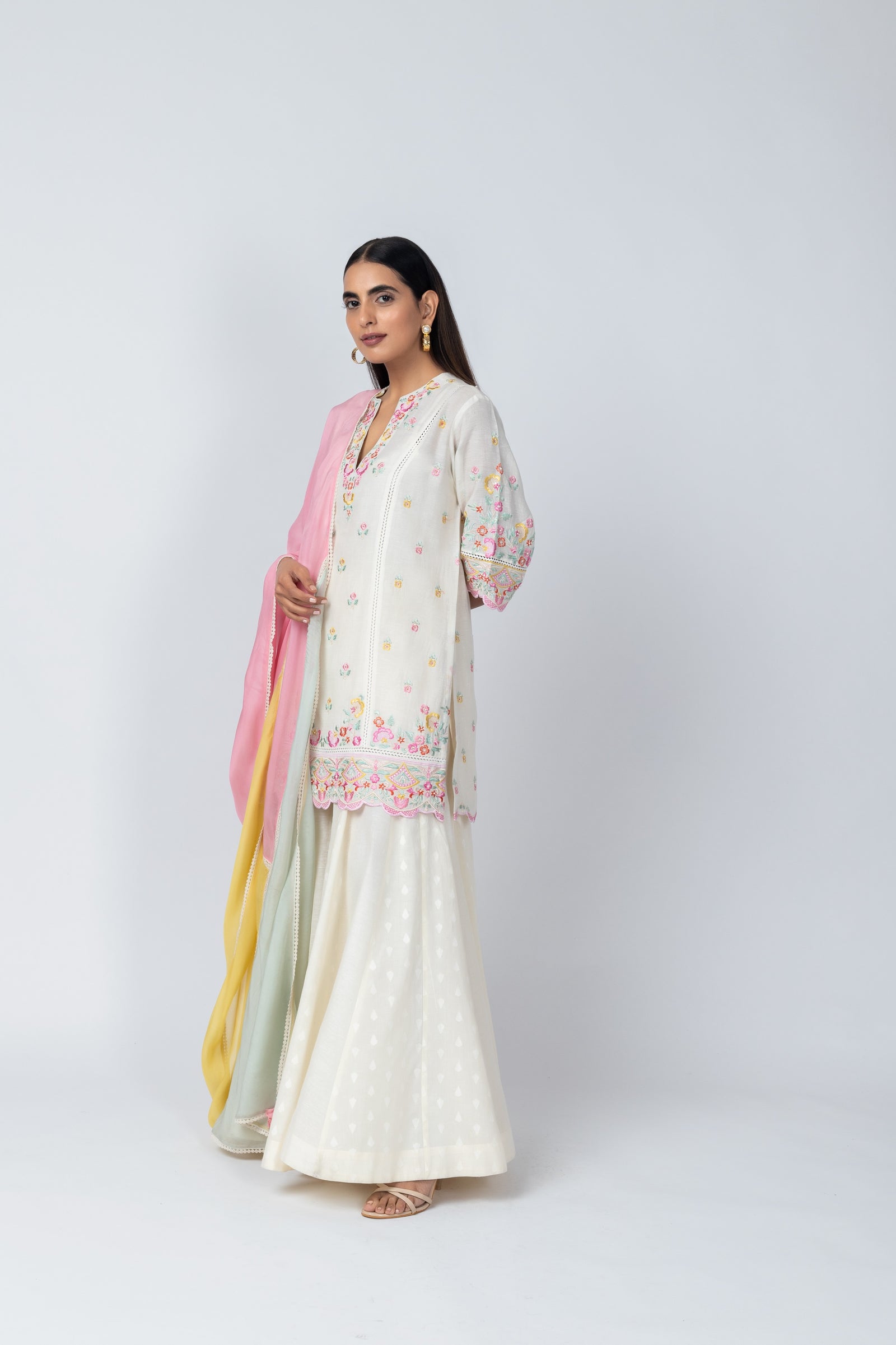 Natural Linen Kurta with Jacquard Sharara