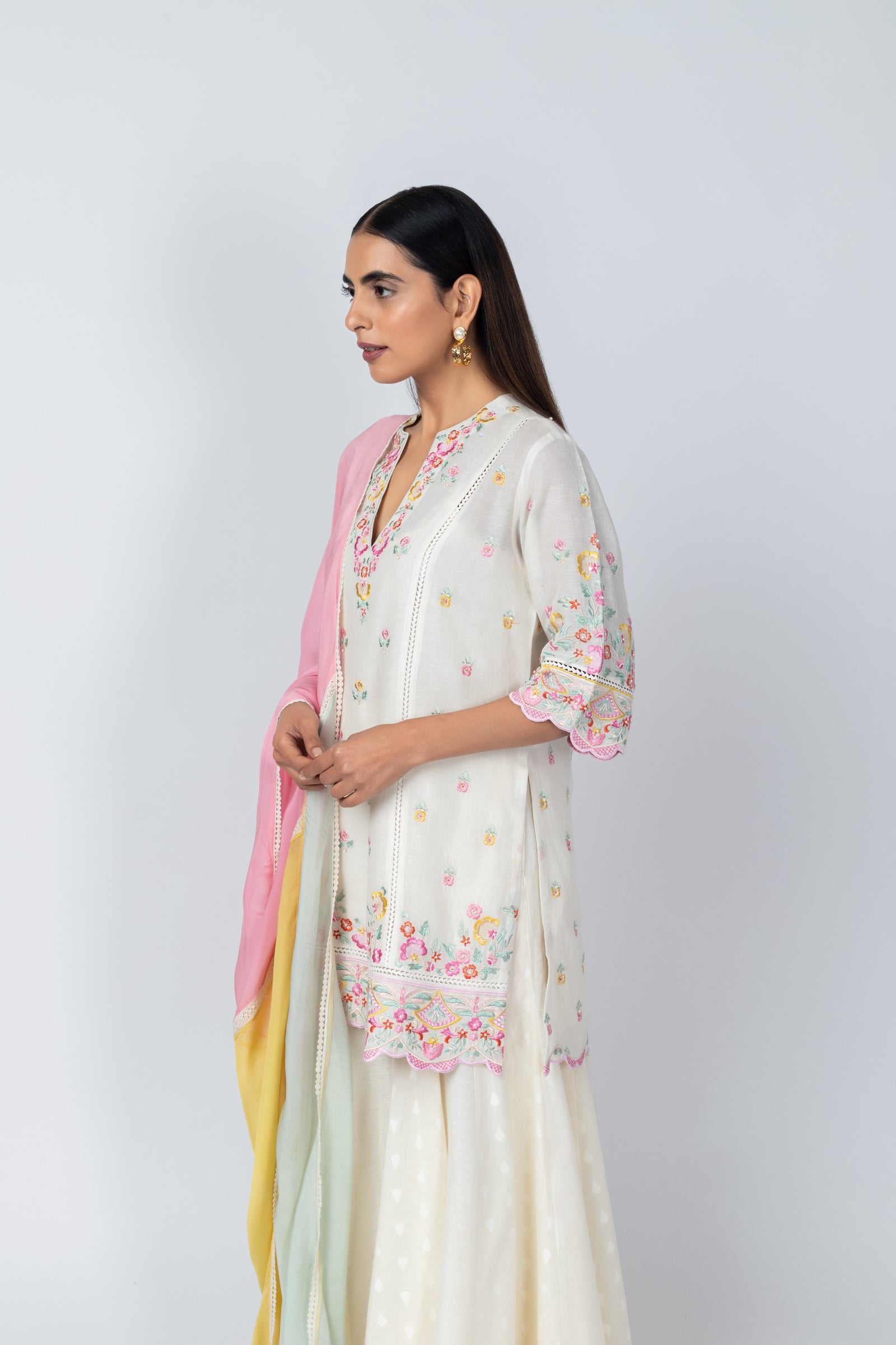 Natural Linen Kurta with Jacquard Sharara