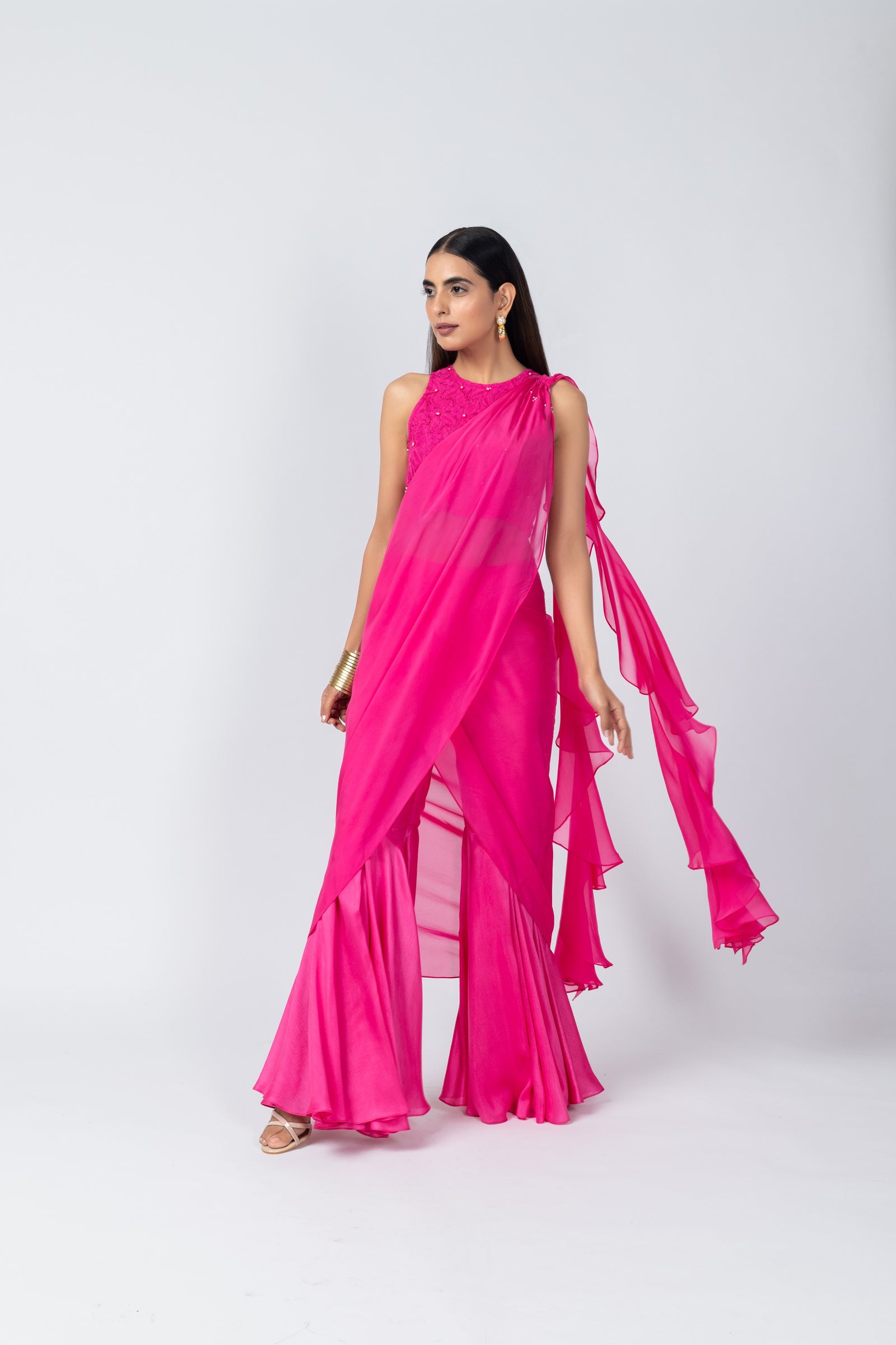 Hot Pink Organza Halter Neck schiffli embroidery Top & Sharara Set