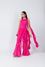 Hot Pink Organza Halter Neck schiffli embroidery Top & Sharara Set