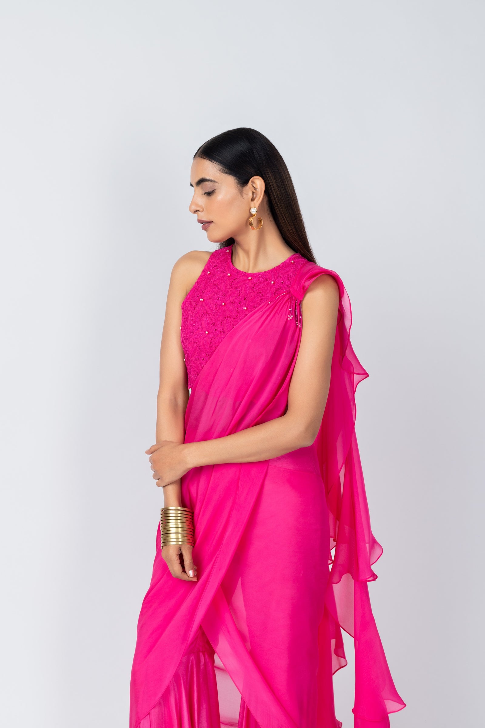 Hot Pink Organza Halter Neck schiffli embroidery Top & Sharara Set