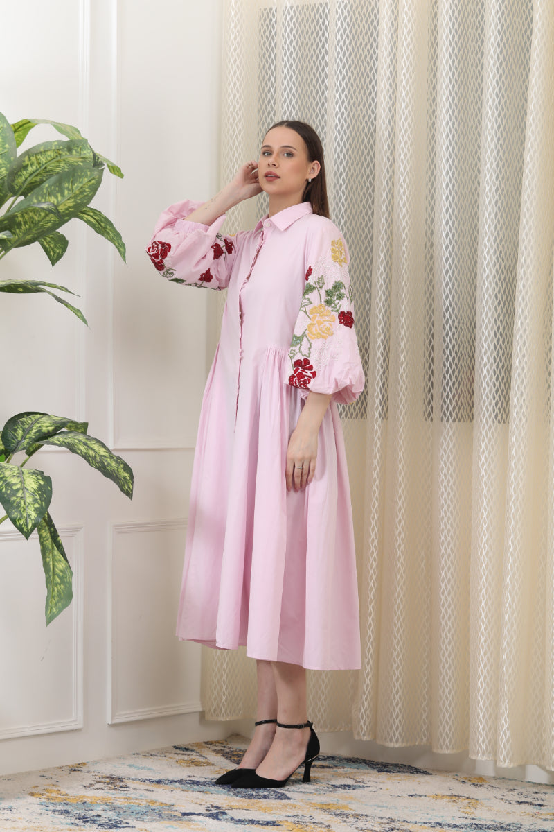Blush Pink Shirt Dress In Breathable Poplin