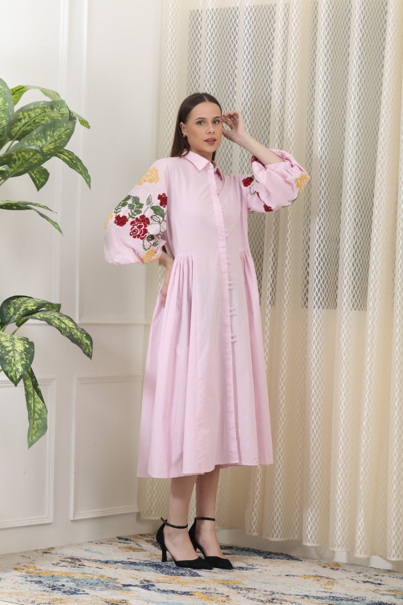 Blush Pink Shirt Dress In Breathable Poplin