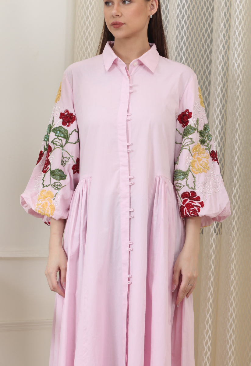 Blush Pink Shirt Dress In Breathable Poplin