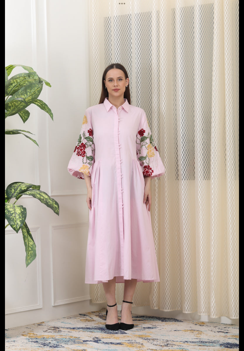 Blush Pink Shirt Dress In Breathable Poplin