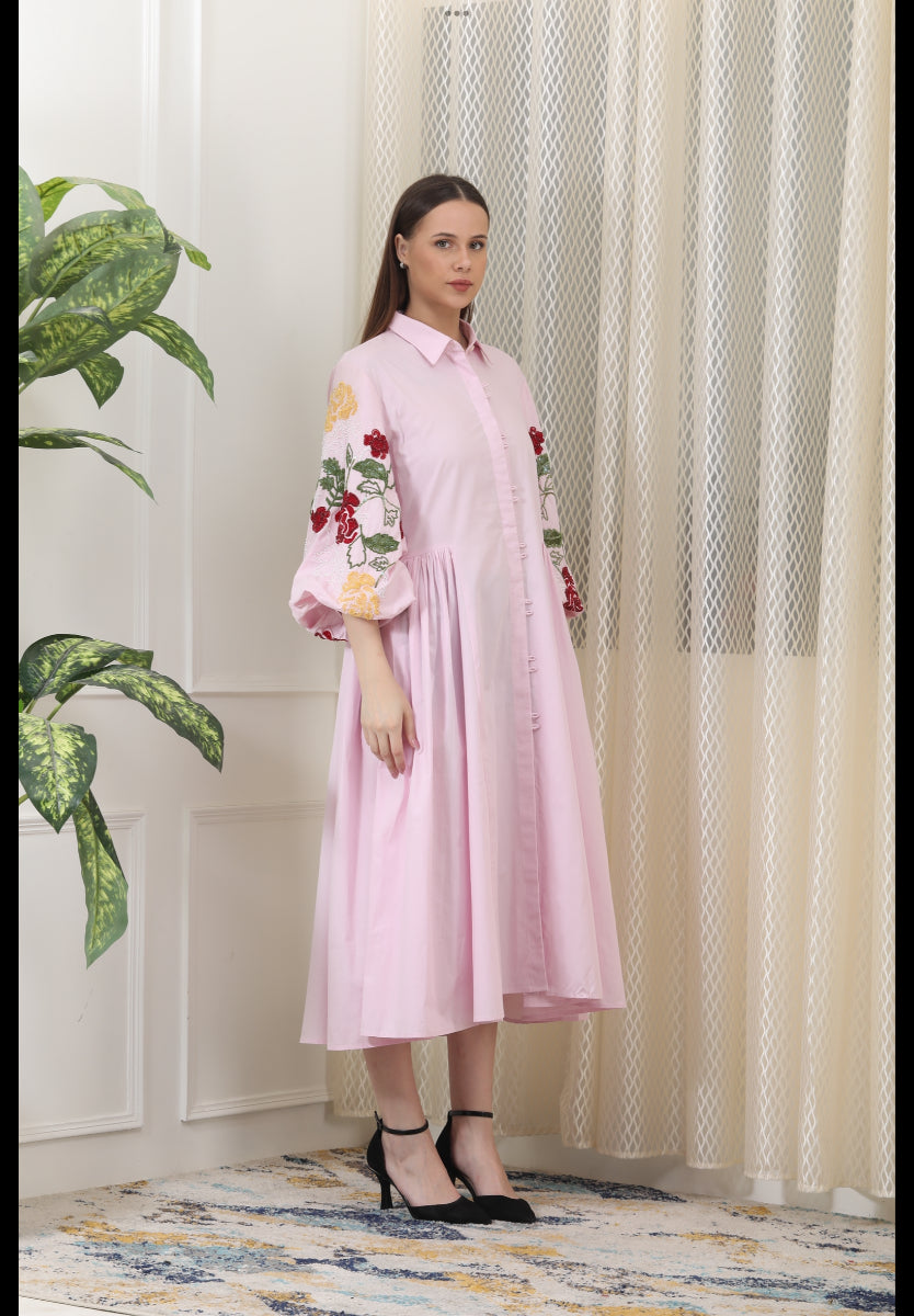 Blush Pink Shirt Dress In Breathable Poplin