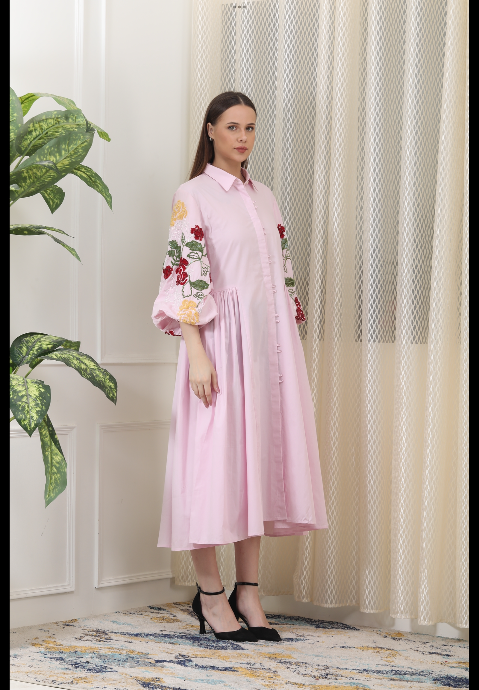 Blush Pink Shirt Dress In Breathable Poplin