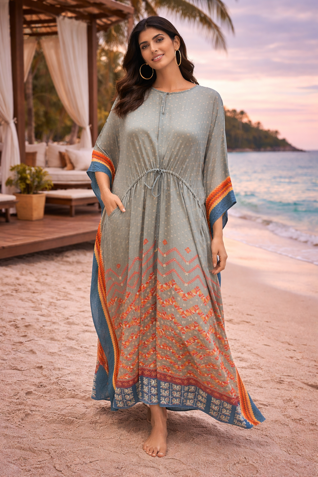 Printed Kaftan Dress with Drawstring Waist & Contrast Border