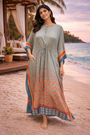 Printed Kaftan Dress with Drawstring Waist & Contrast Border