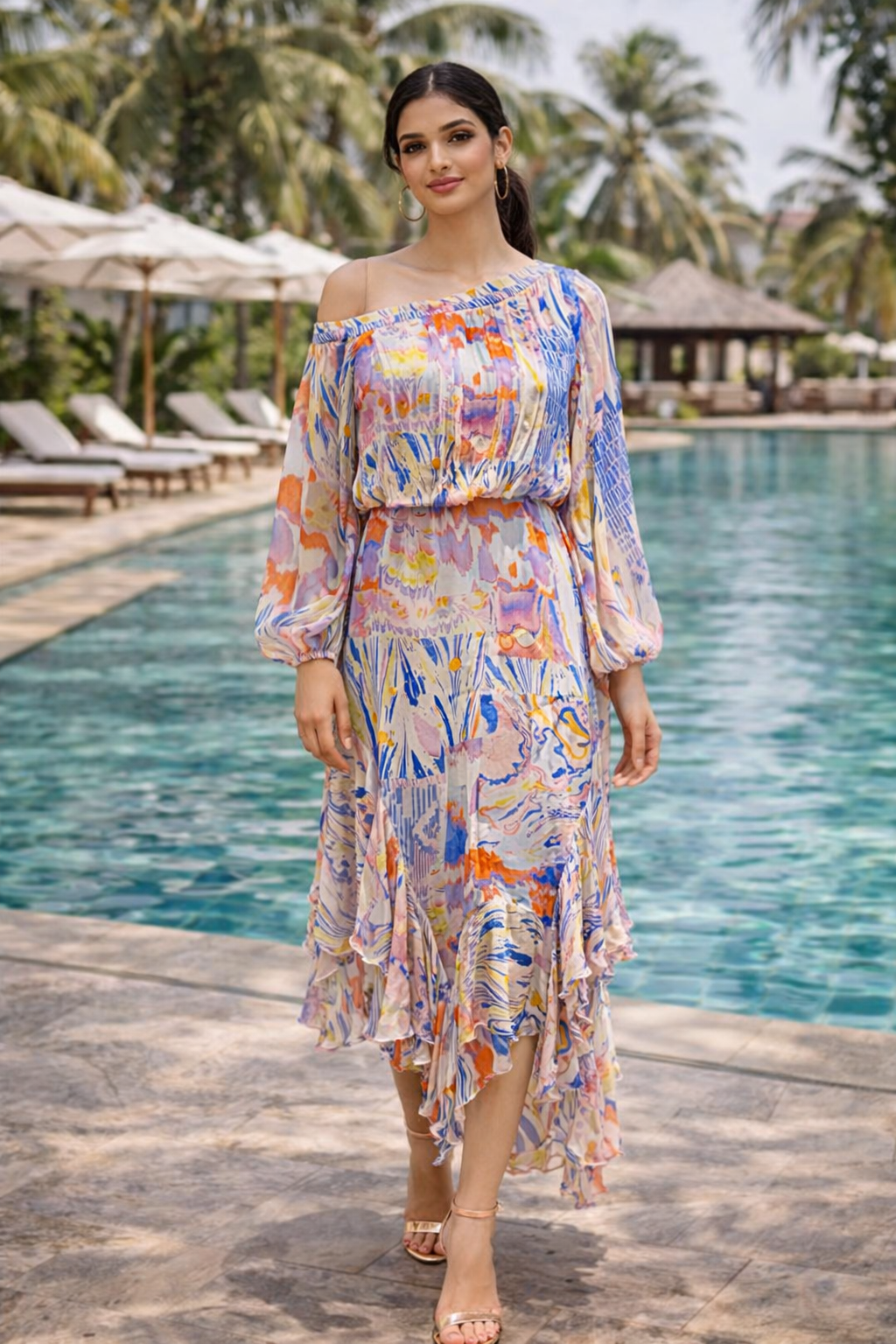 Off-Shoulder Midi Dress with Ruffle Hem