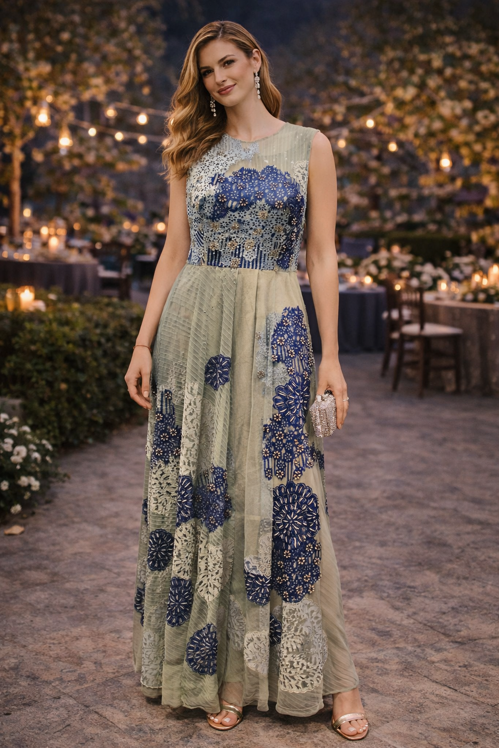 Sleeveless Party Gown with Embroidered Design